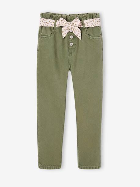 Paperbag Trousers & Floral Belt for Girls cinnamon+green+mauve 