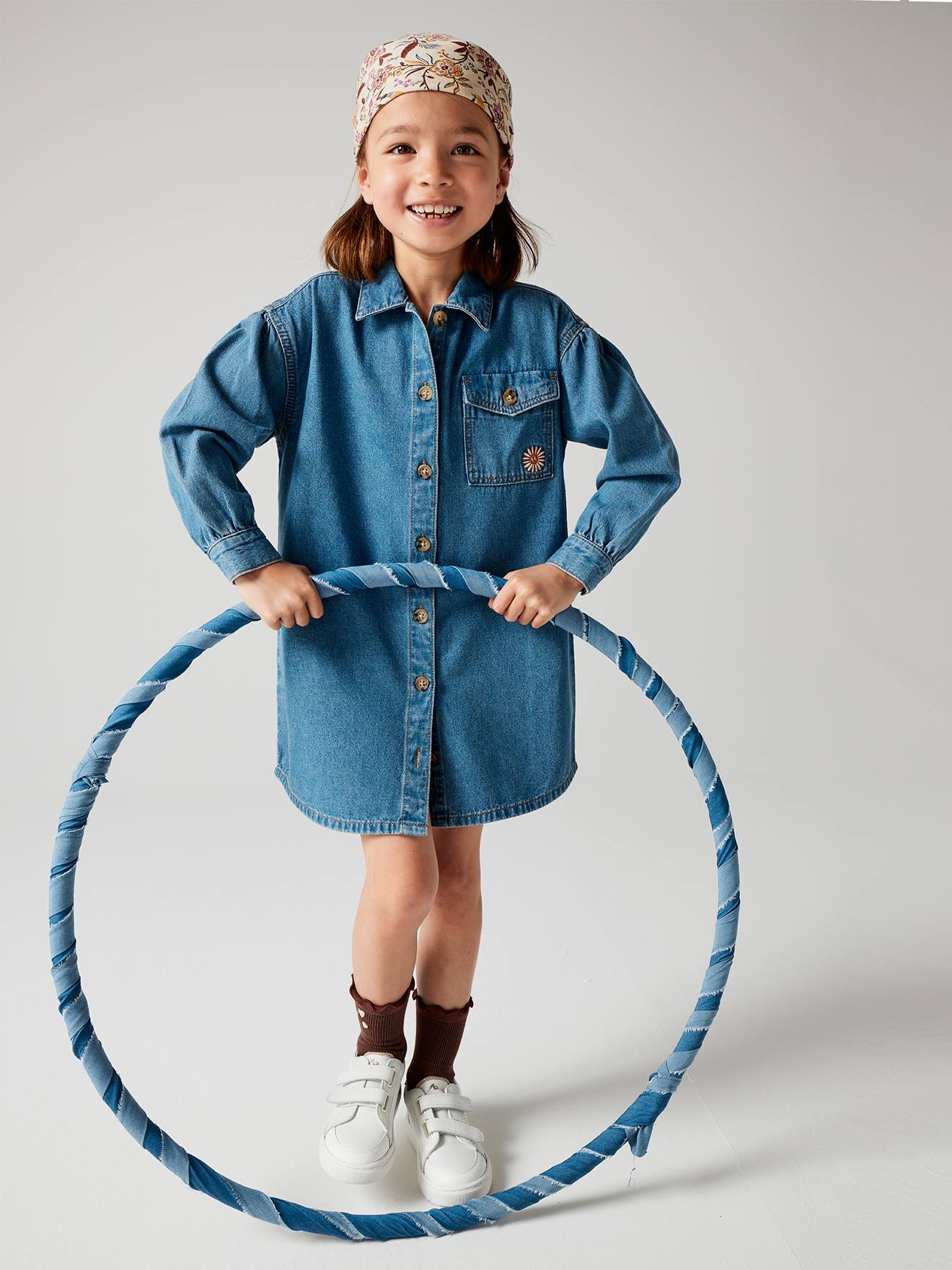 Denim Shirt Dress with Embroidered Flower