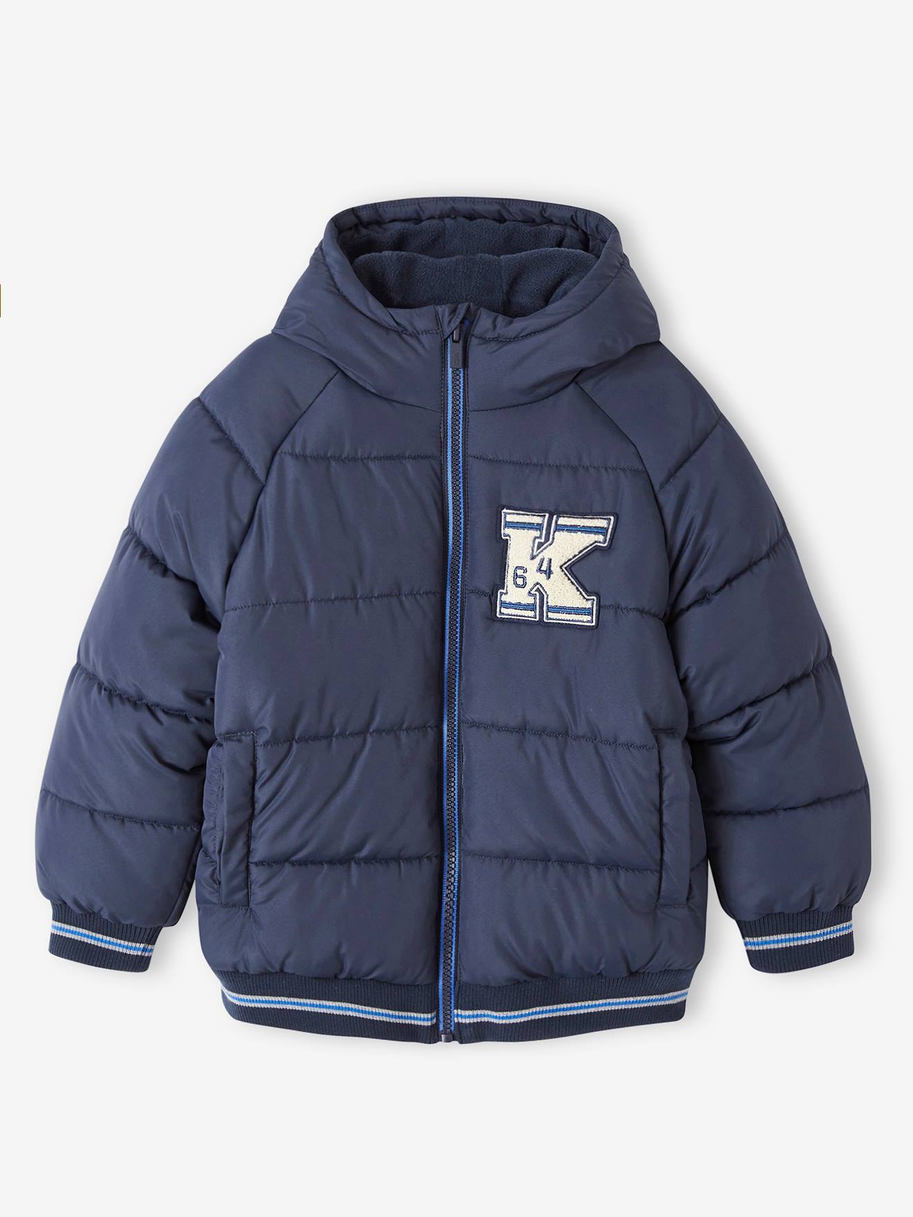 College-Style Padded Jacket with Polar Fleece Lining for Boys navy blue