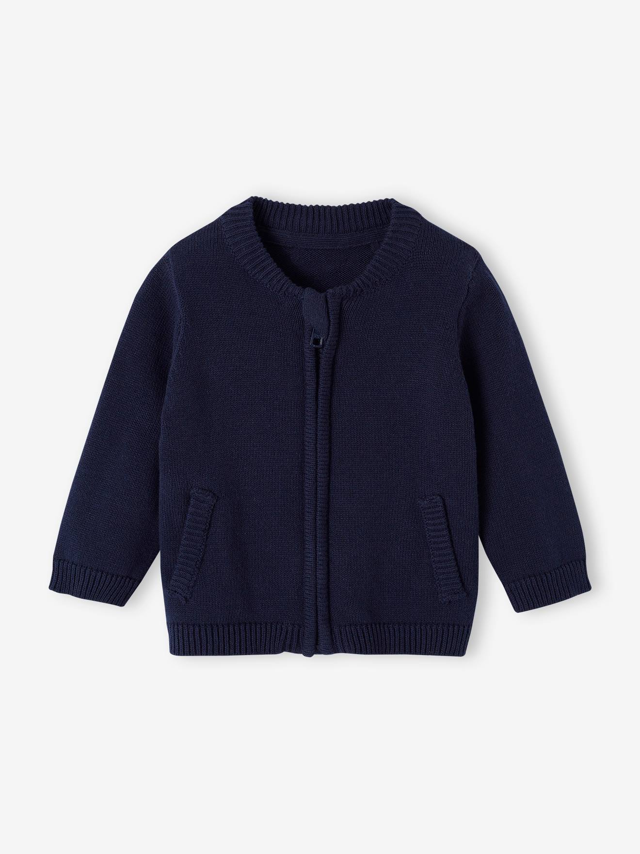 Zipped College-Style Cardigan for Babies navy blue