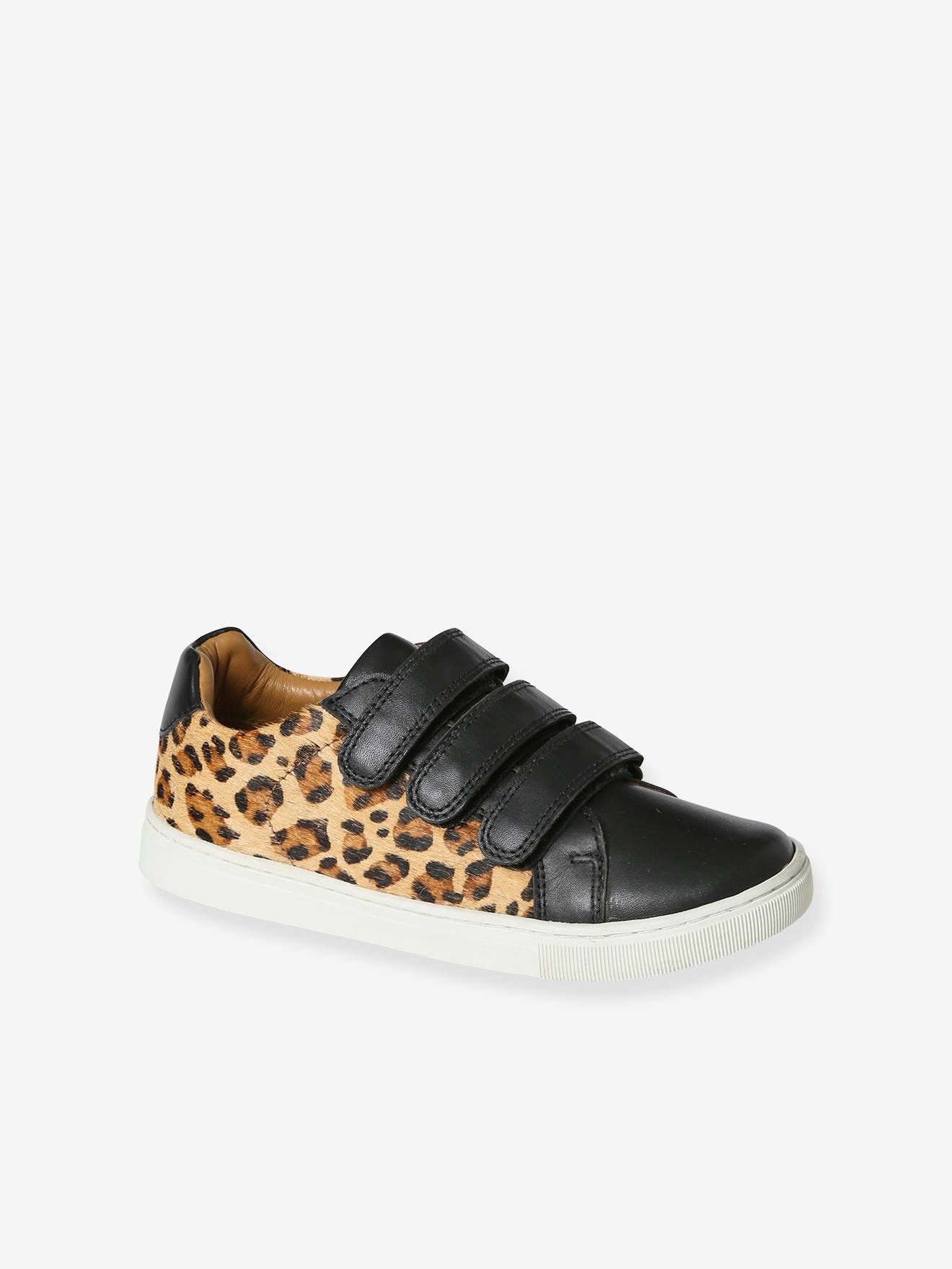 Leather Trainers with Hook Loop Straps Leopard Print printed