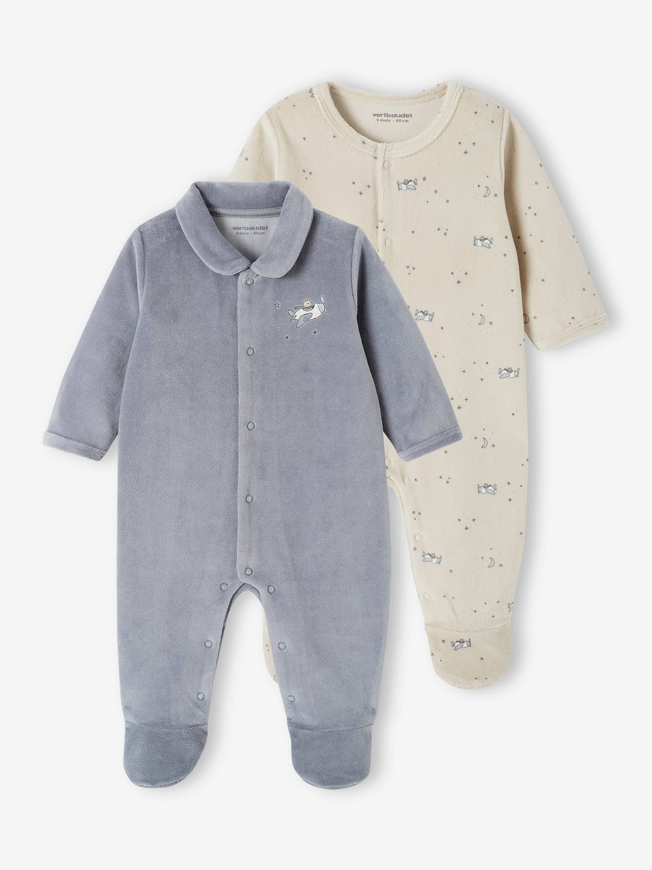 Pack of 2 Sleepsuits in Velour for Newborn Babies grey blue