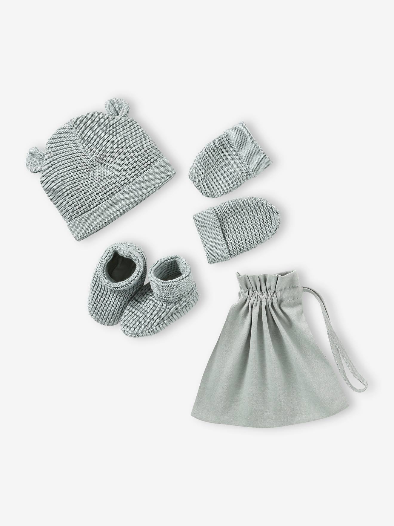 Beanie, Mittens & Booties Set, Matching Pouch, for Newborn Babies grey blue