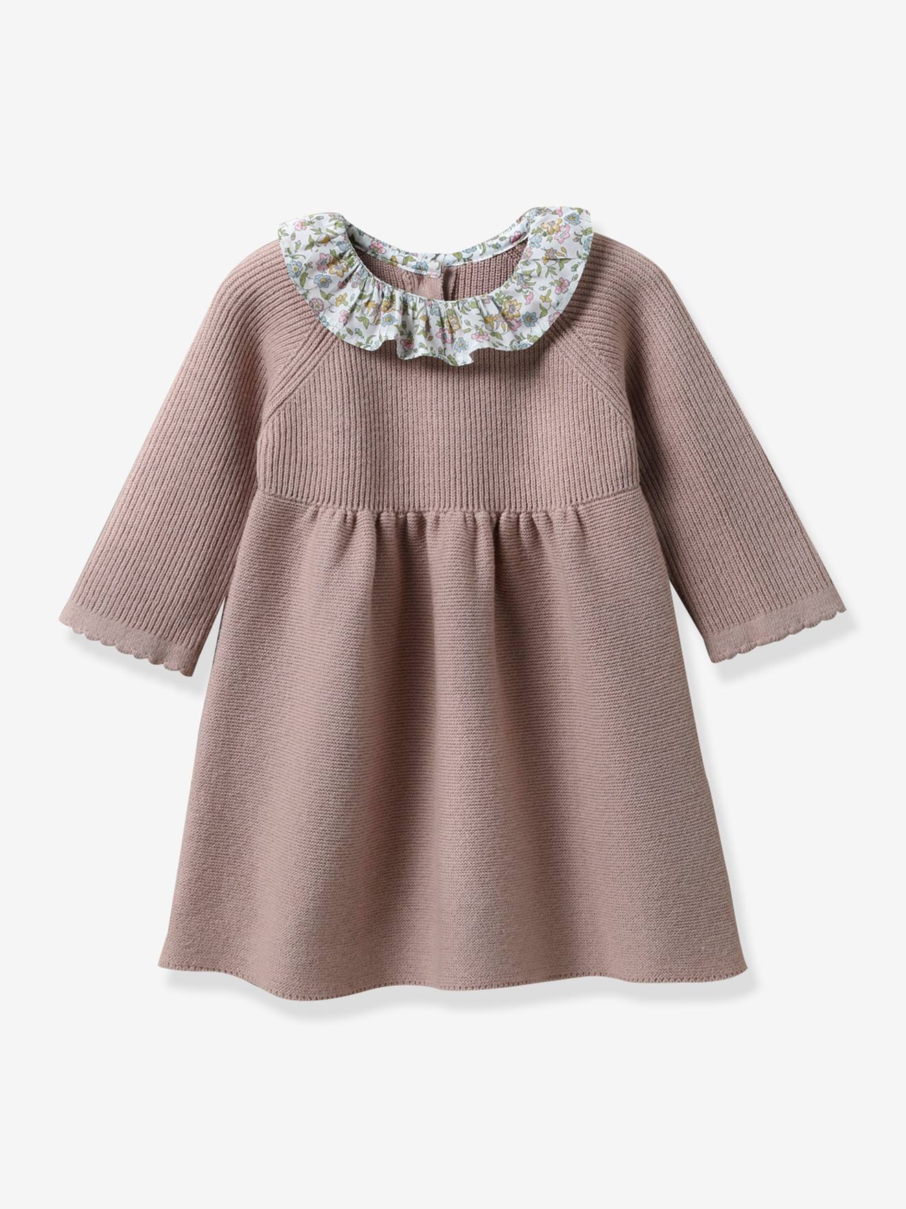 Knitted Dress with Collar in Liberty(r) Fabric, by CYRILLUS for Babies rose