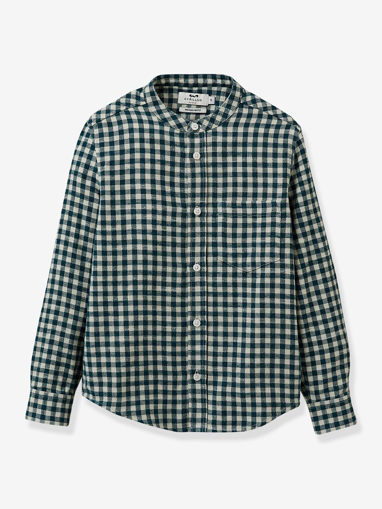 Gingham Shirt with Mandarin Collar for Boys, by Cyrillus chequered green