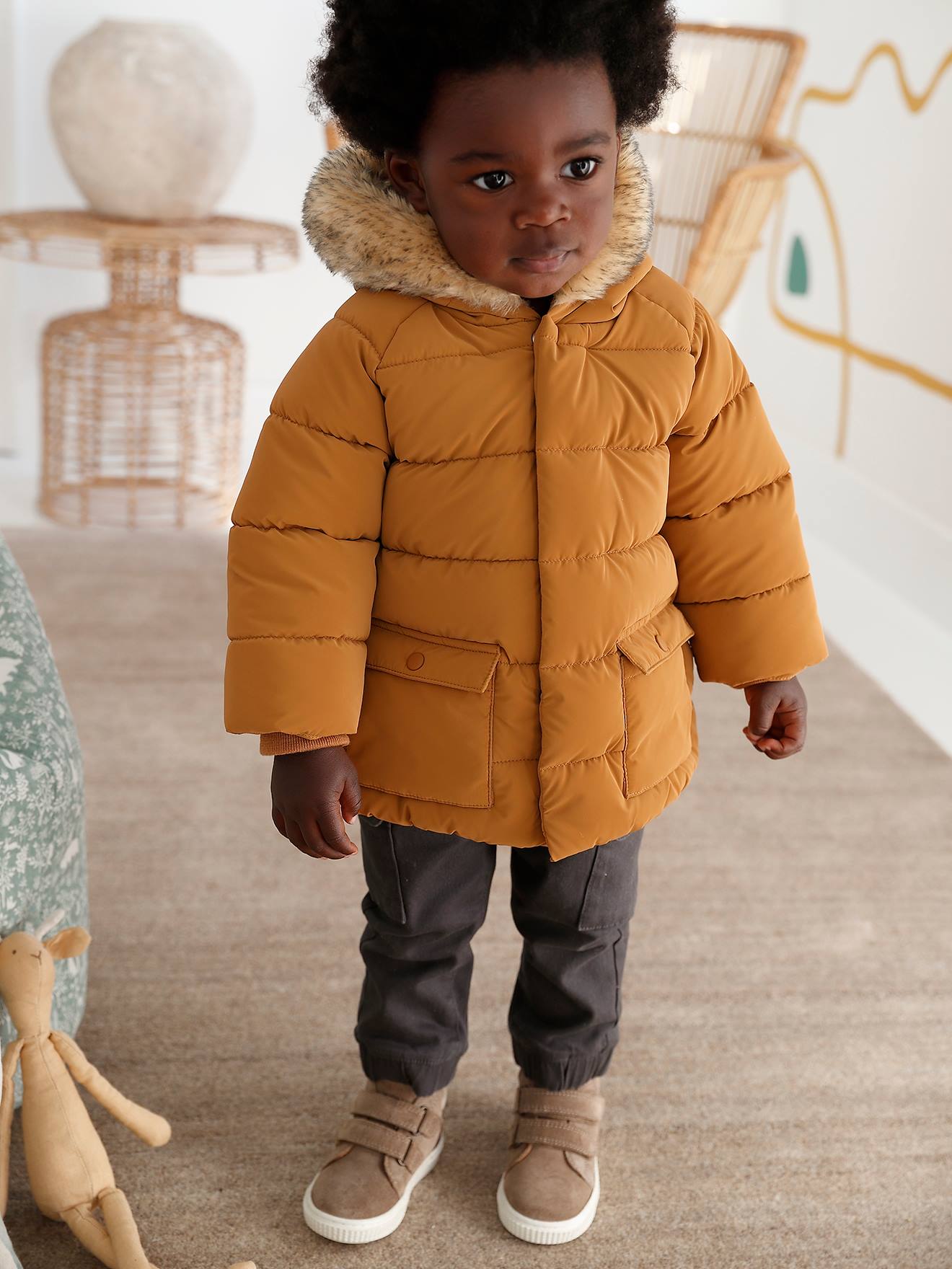 Lined Padded Jacket with Hood for Babies turmeric