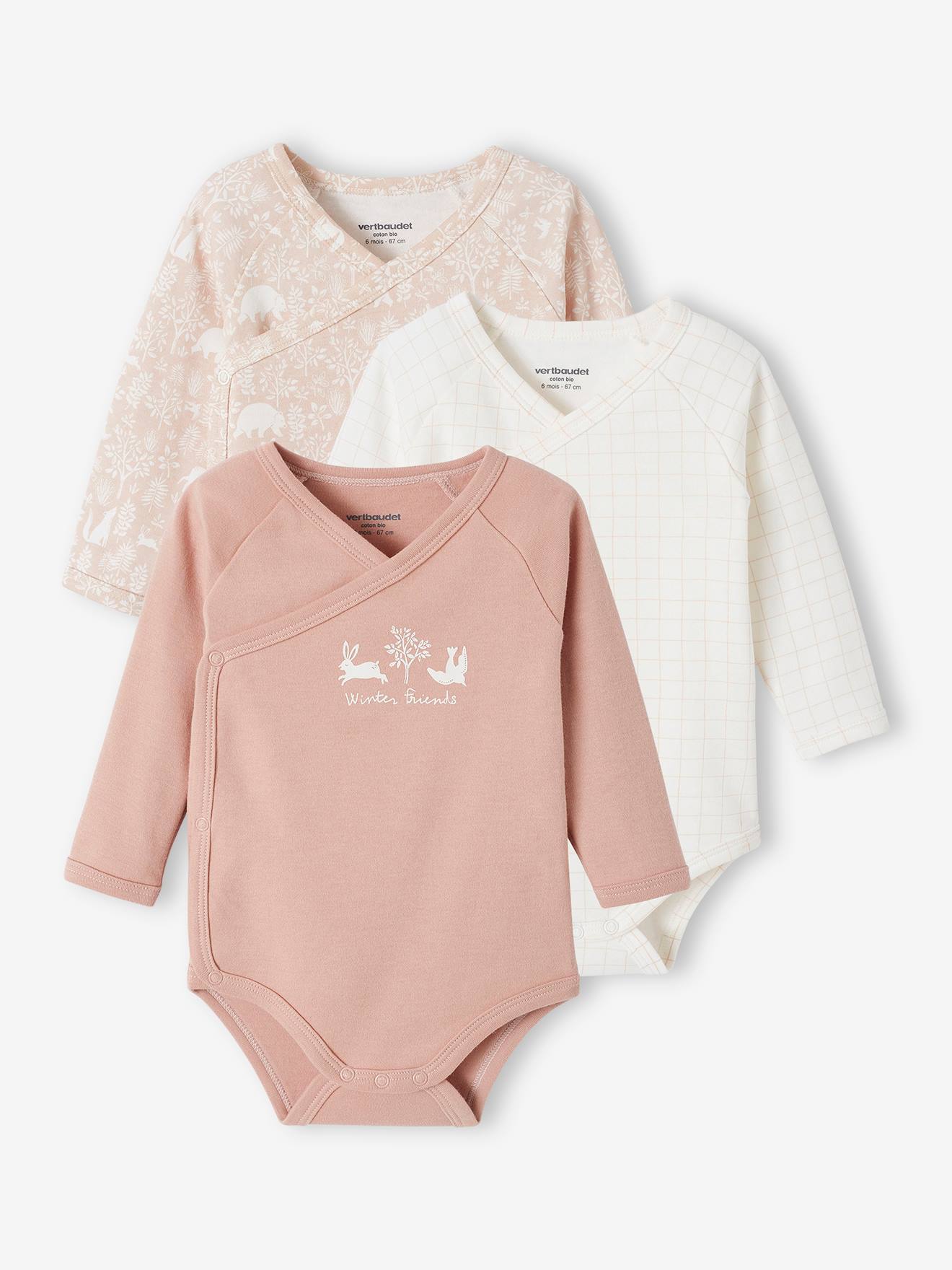 Pack of 3 Long-Sleeved Bodysuits in Organic Cotton for Newborn Babies rosy