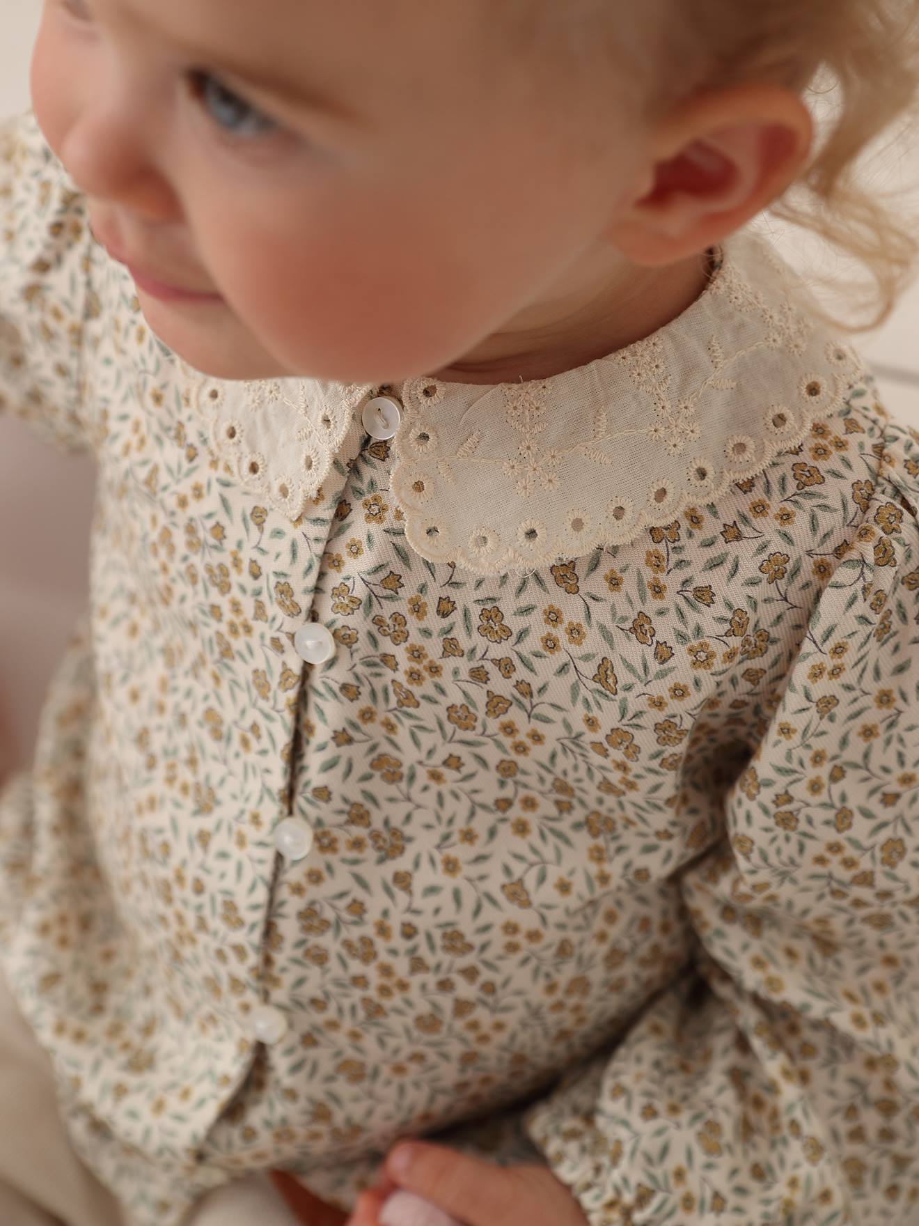 Printed Blouse with Embroidered Collar for Babies - ecru