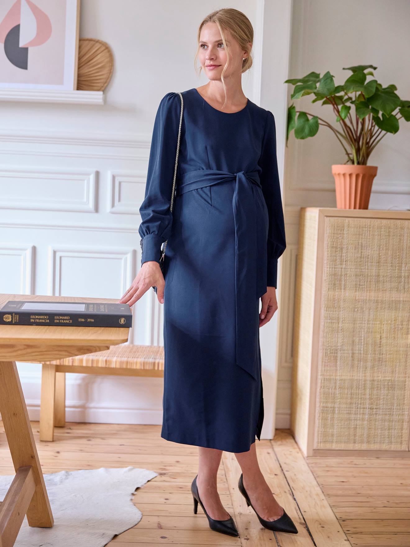 Long Dress with Draped Effect, for Maternity - navy blue, Maternity |  Vertbaudet