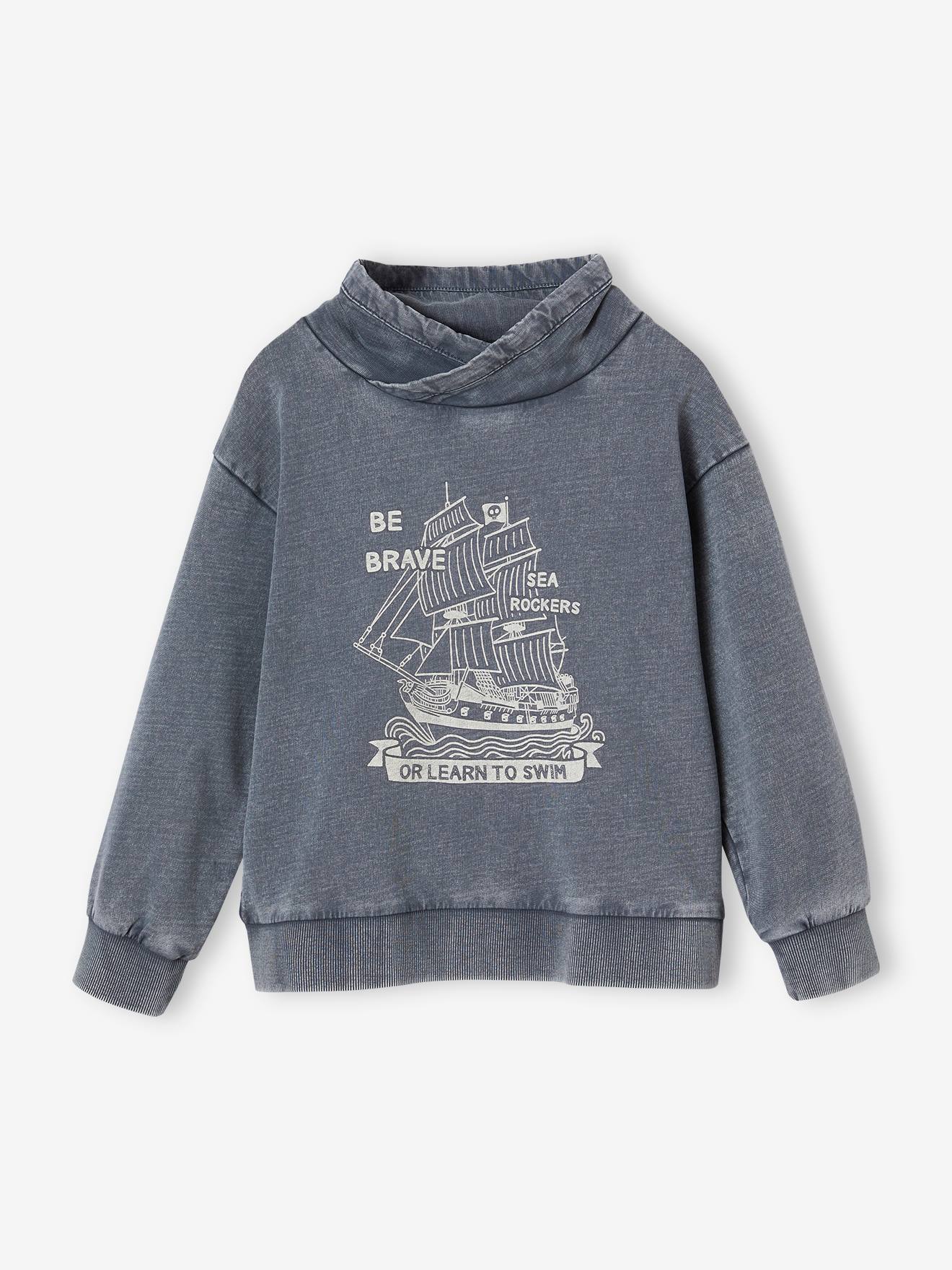 Sweatshirt with Snood Collar, Pirate Ship Motif & Faded Effect for Boys marl grey