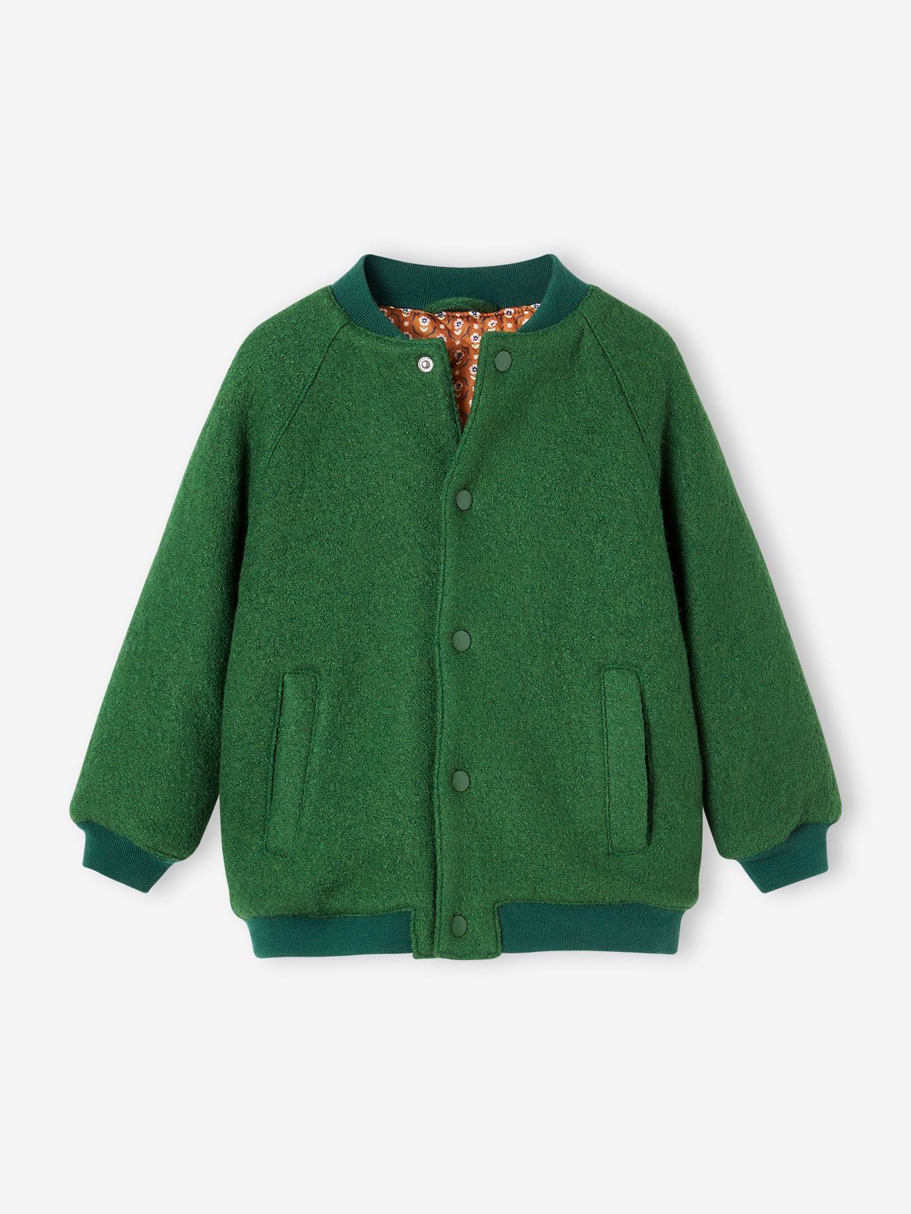 Teddy-Style Jacket in Boucle Wool for Girls english green