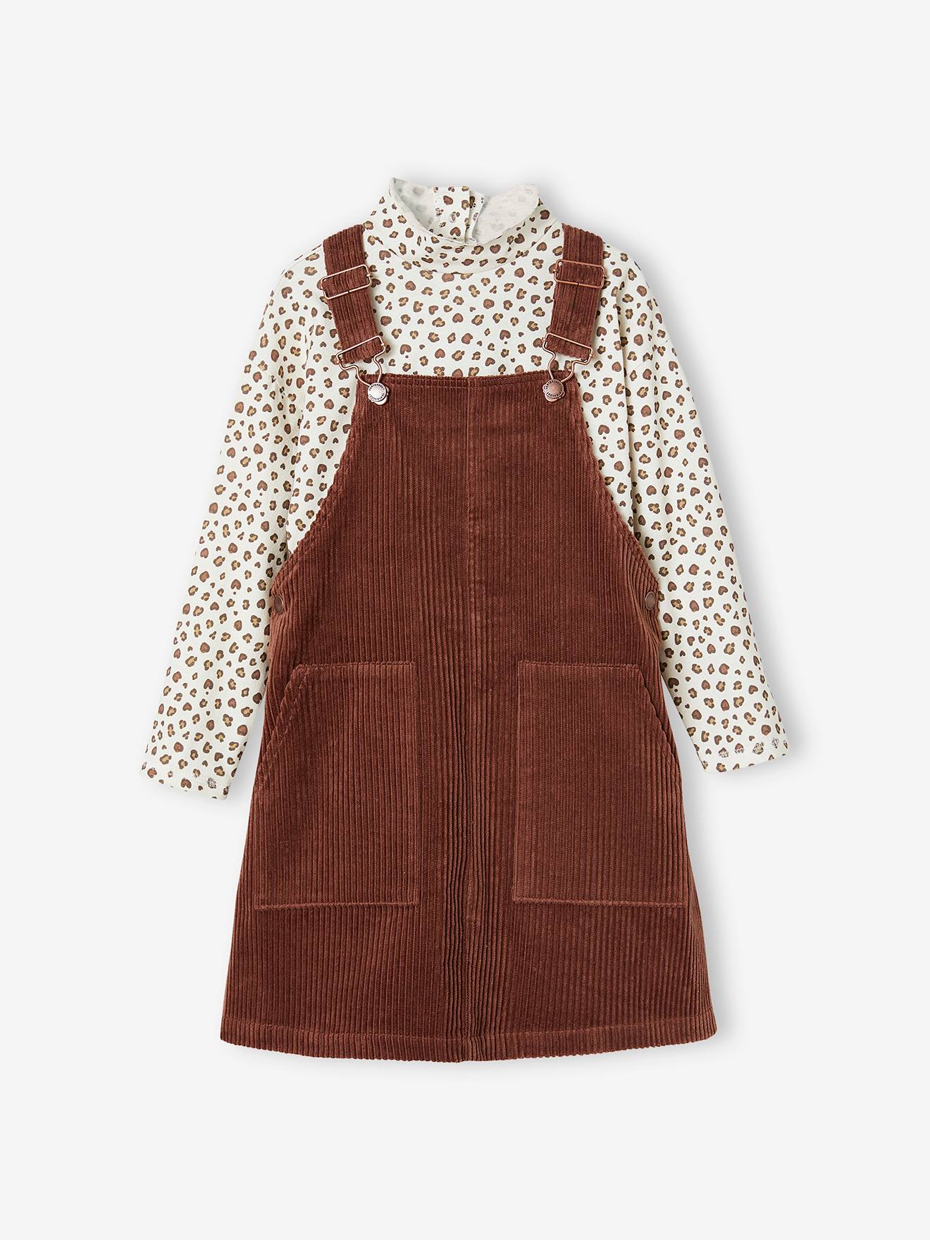 Top + Corduroy Dungaree Dress Outfit for Girls chocolate