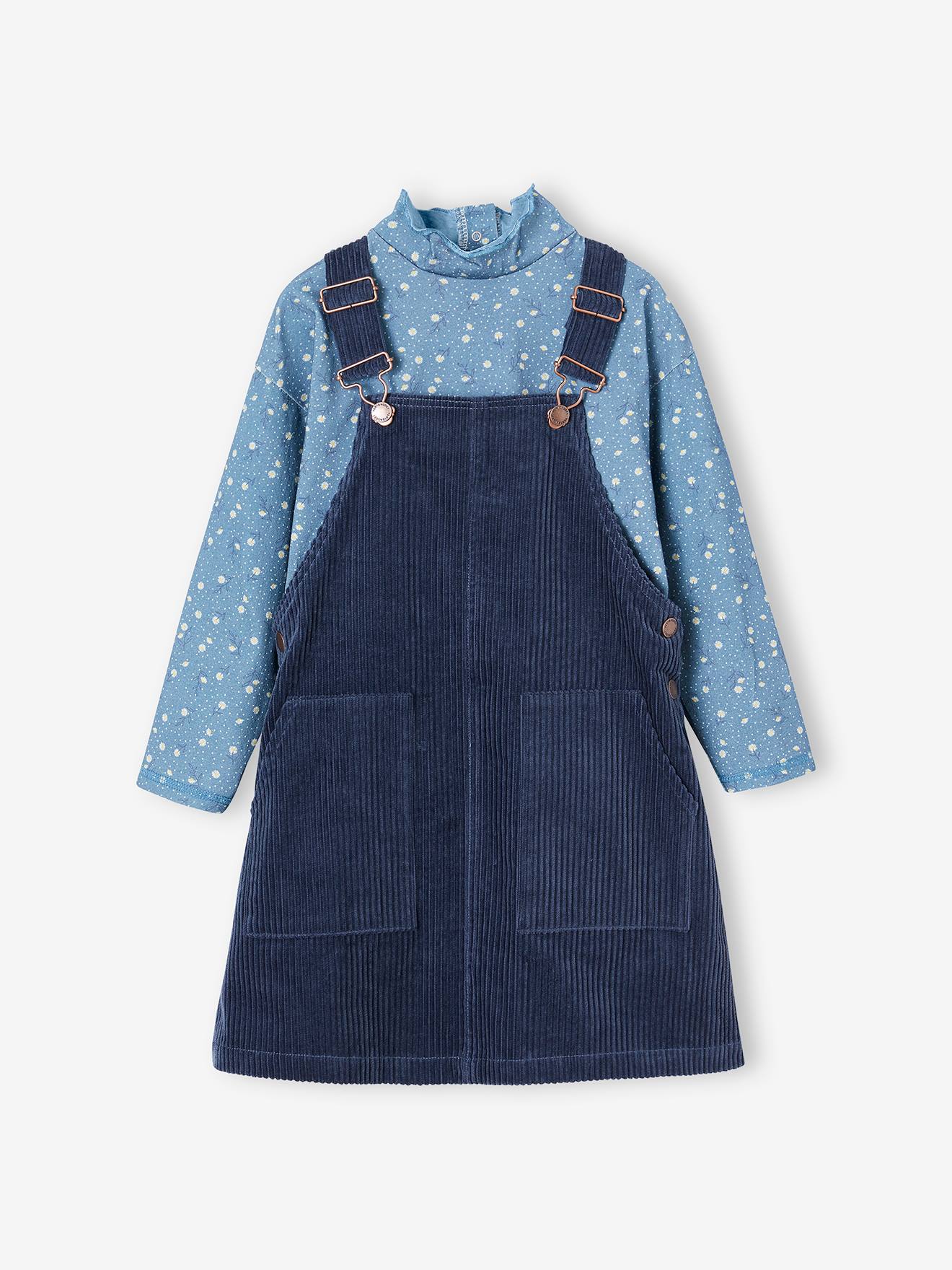 Top + Corduroy Dungaree Dress Outfit for Girls night blue