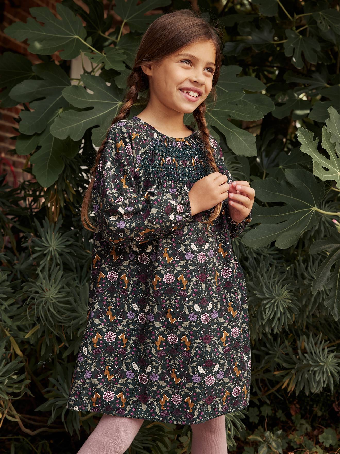 Smocked Blouse with Enchanted Forest Motifs, for Girls printed green