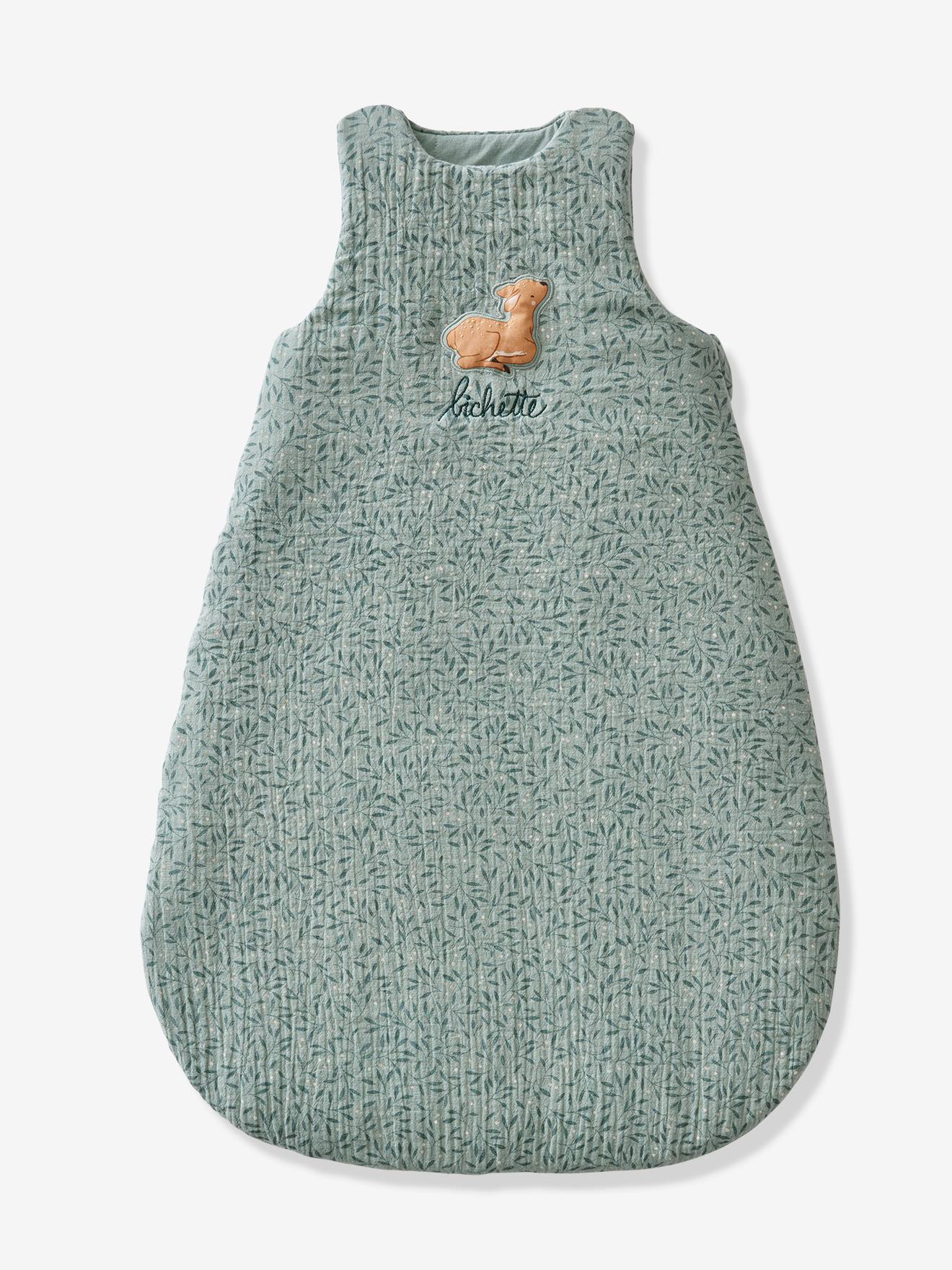 Sleeveless Baby Sleeping Bag in Cotton Gauze, Broceliande printed green