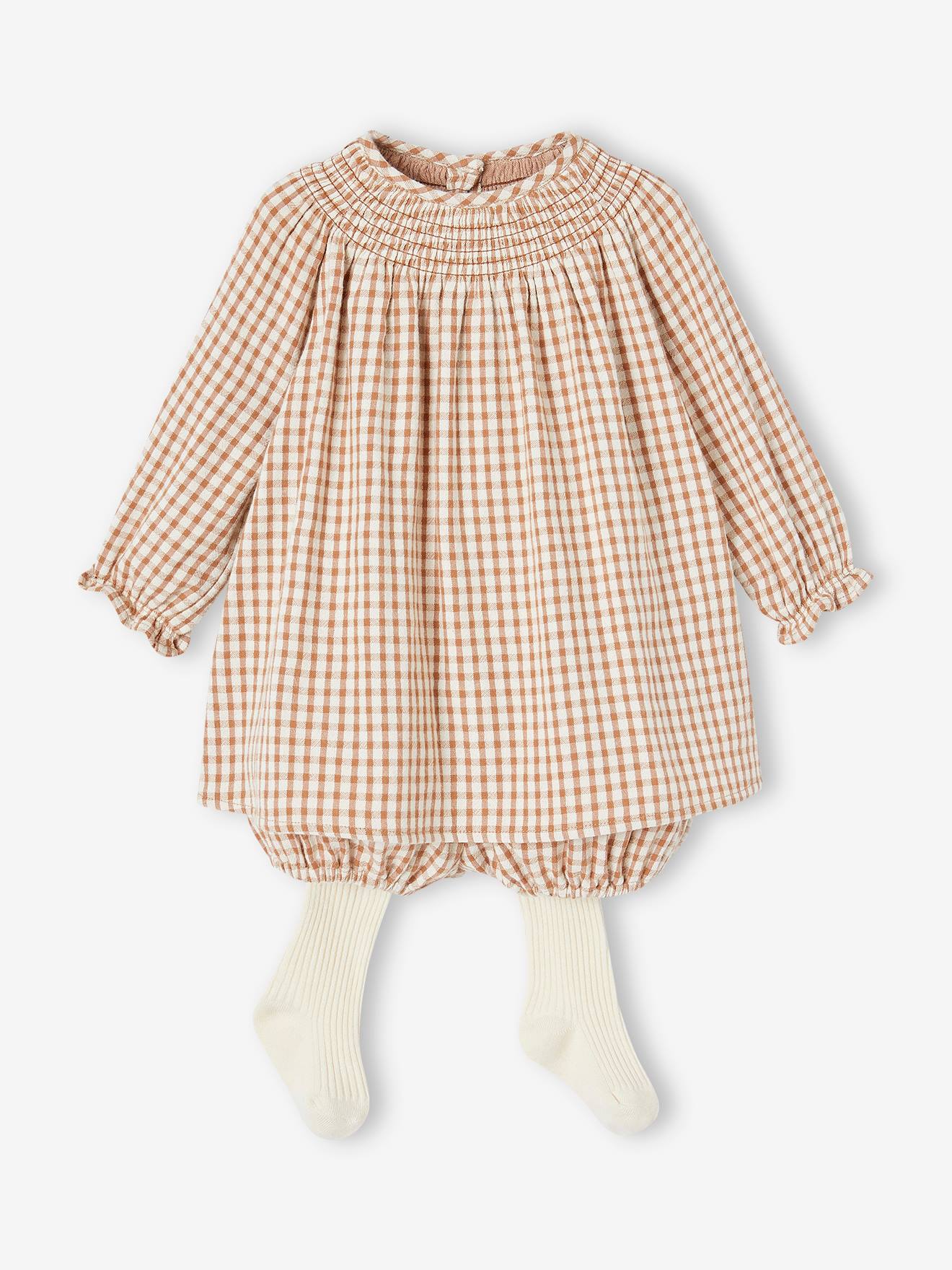 3-Piece Ensemble: Dress, Bloomers & Tights for Babies pecan nut