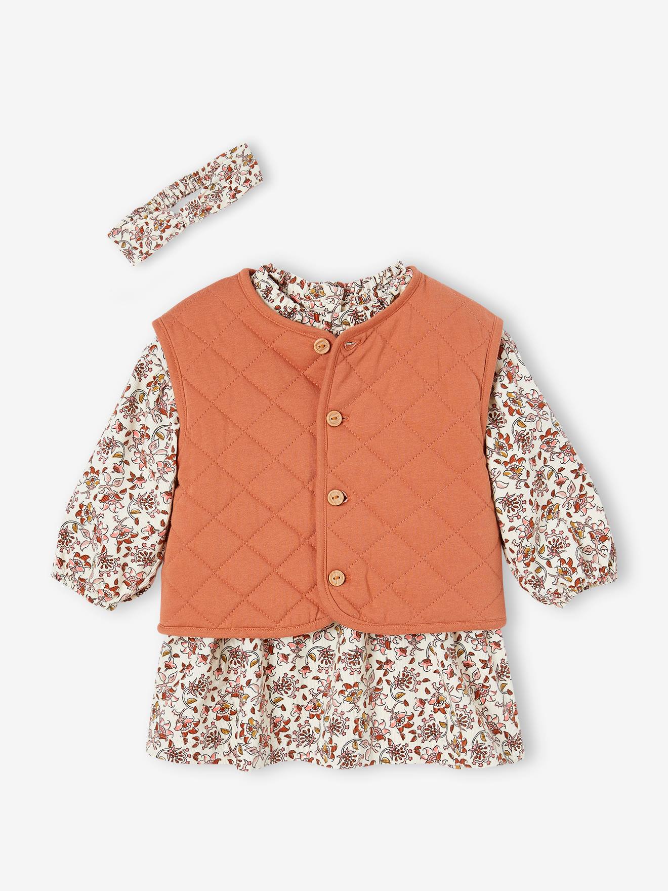 3-Piece Combo: Padded Waistcoat, Velour Dress & Headband for Babies rust