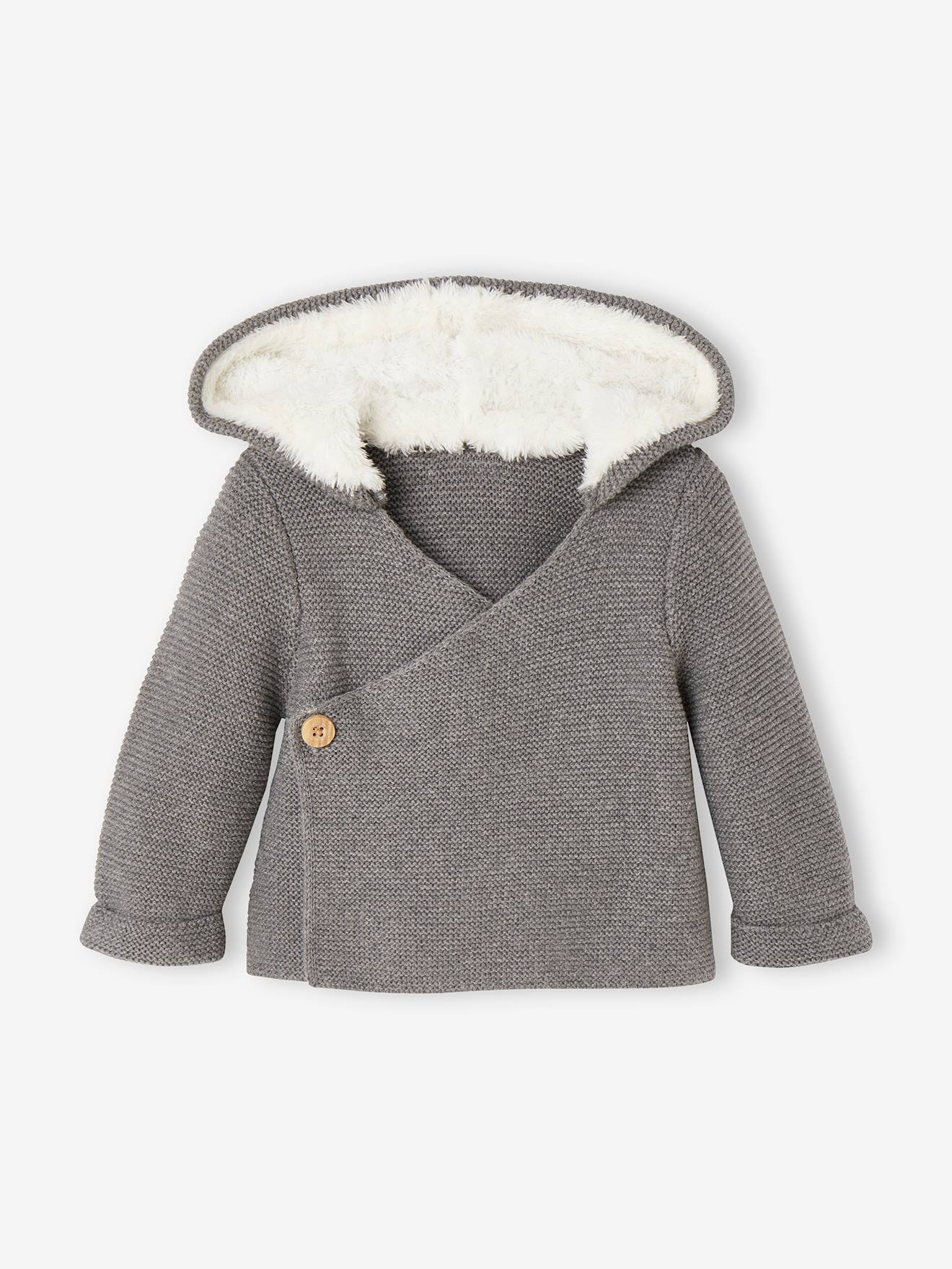 Hooded Cardigan for Babies, Faux Fur Lining marl grey