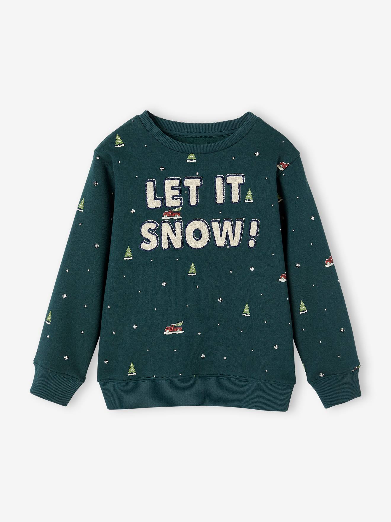 Christmas Sweatshirt with Message in Boucle Knit for Boys green