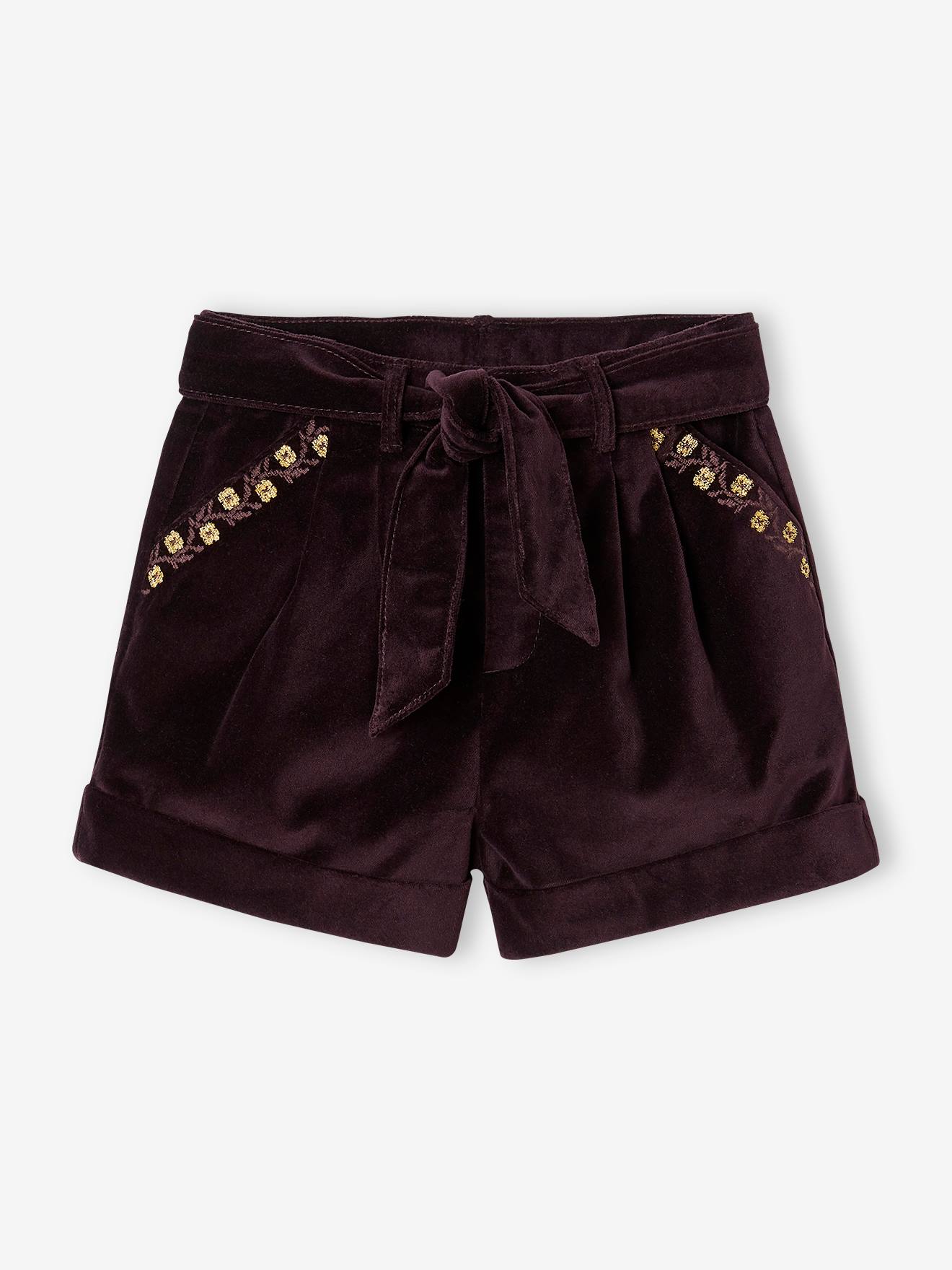 Fancy Shorts in Plain Velour, for Girls aubergine