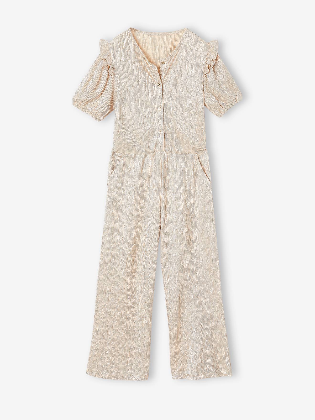 Occasion Wear Lame Jumpsuit with Bubble Sleeves & Ruffles for Girls gold