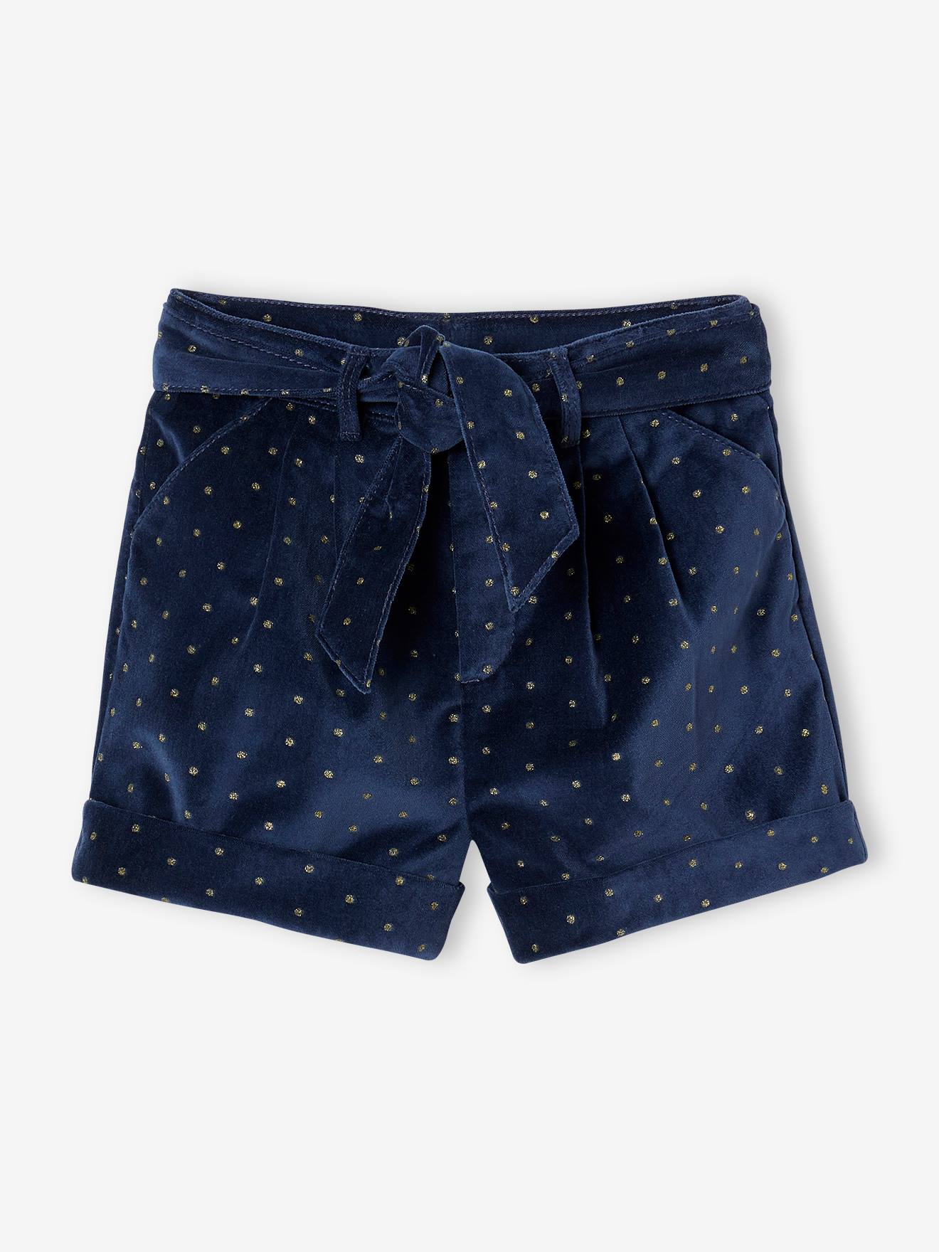 Fancy Shorts in Plain Velour, for Girls navy blue