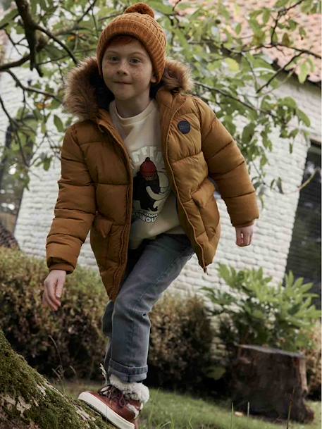 Hooded Jacket Lined in Polar Fleece, with Gloves, for Boys BLUE MEDIUM SOLID WITH DESIGN+BROWN MEDIUM SOLID WITH DESIGN+fir green 