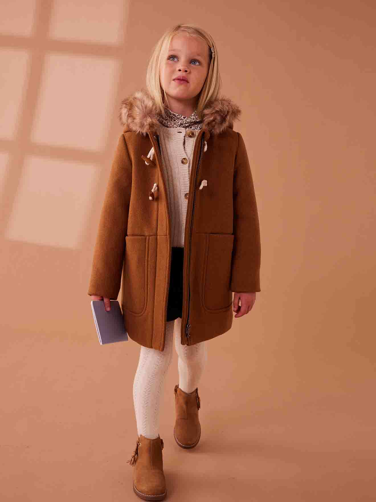 Hooded Duffel Coat with Toggles, in Woollen Fabric, for Girls camel