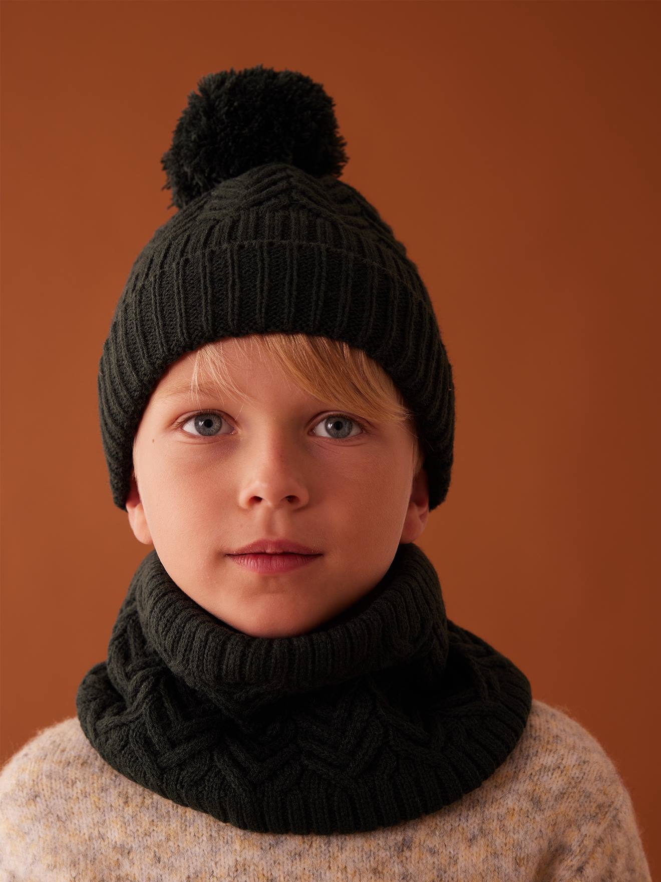 Cable-Knit Beanie + Snood + Mittens/Fingerless Mitts for Boys fir green