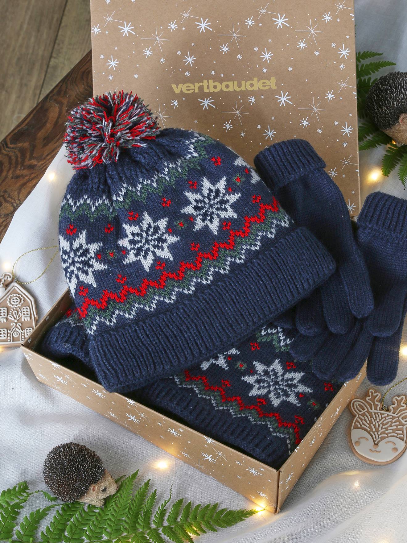 Christmas Gift Box with "Snowflake" Beanie, Snood & Gloves Set for Boys navy blue