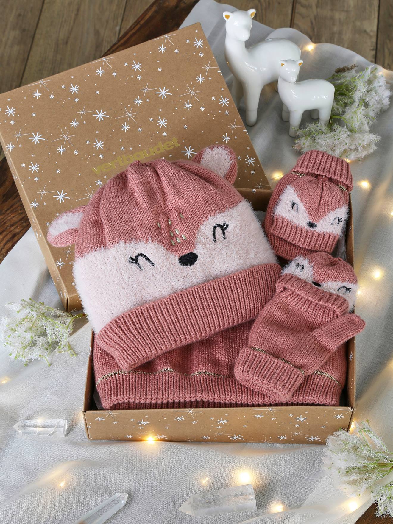 Christmas Gift Box with Deer Beanie + Snood + Mittens Set