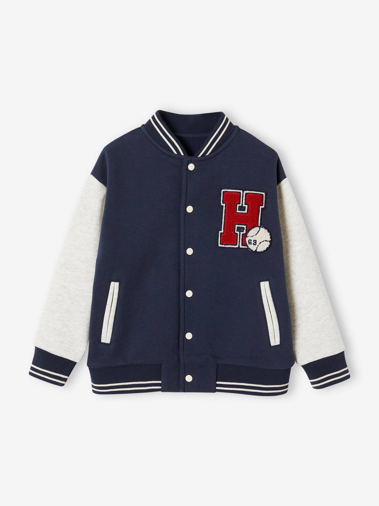 College-Type Jacket in Fleece, Patch in Boucle Knit, for Boys navy blue