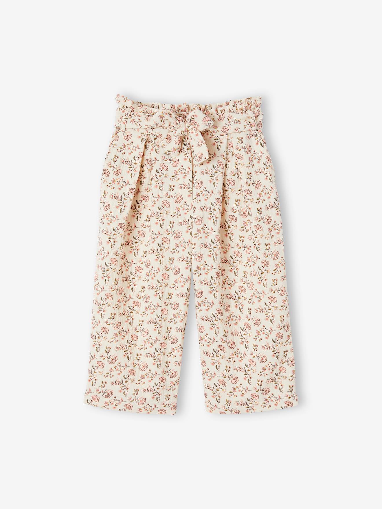 Cropped, Wide Leg Paperbag Trousers in Cotton Gauze for Girls ecru