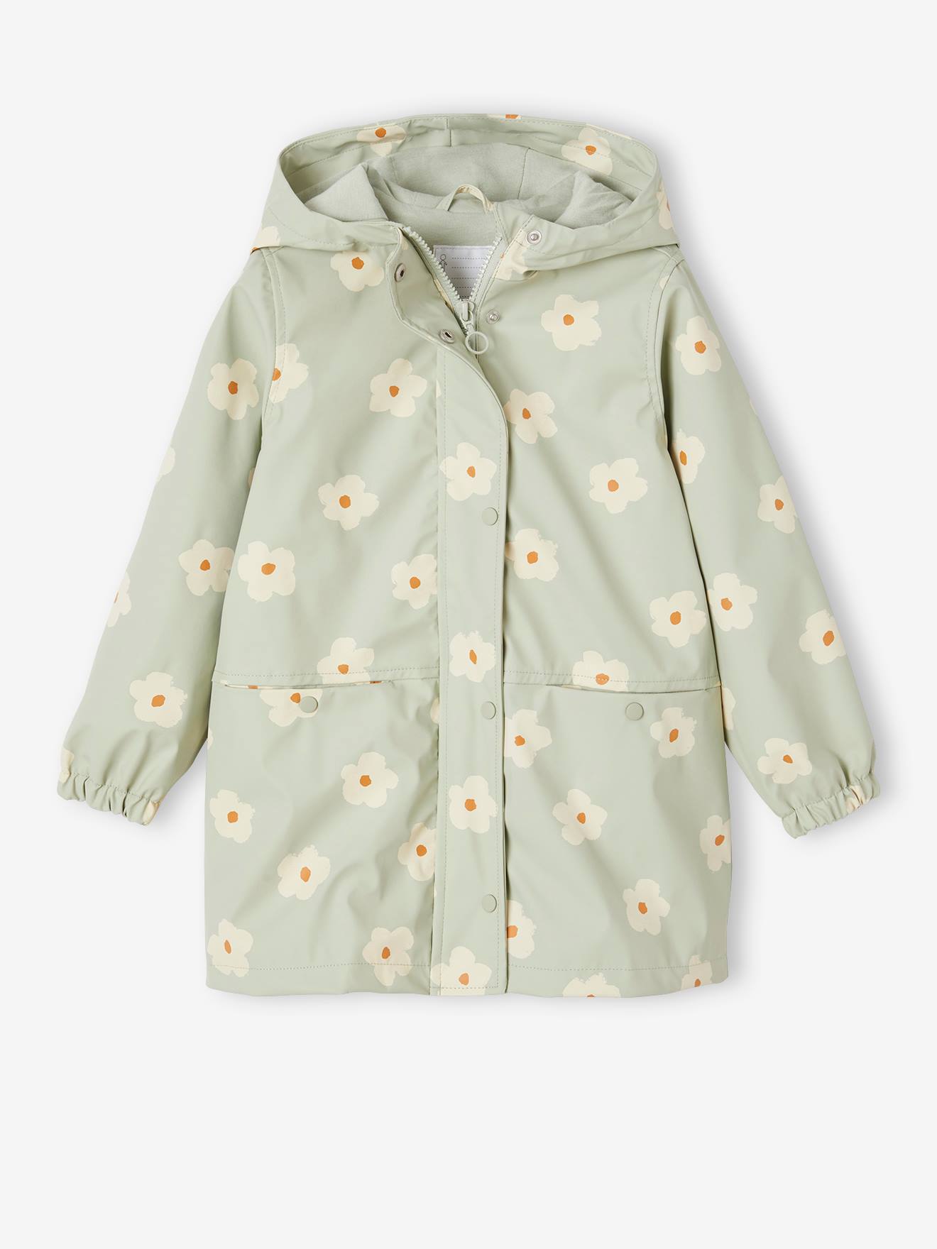 Floral Raincoat with Hood, for Girls - sage green