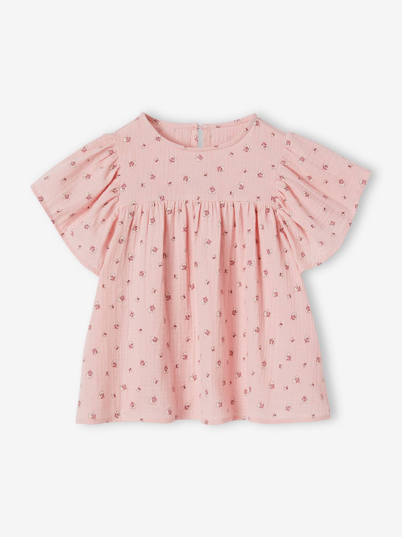 Blouse in Printed Organic Cotton Gauze with Butterfly Sleeves
