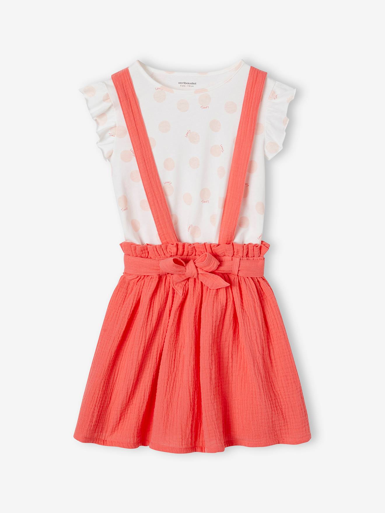 Striped T-Shirt + Cotton Gauze Skirt Outfit, for Girls coral