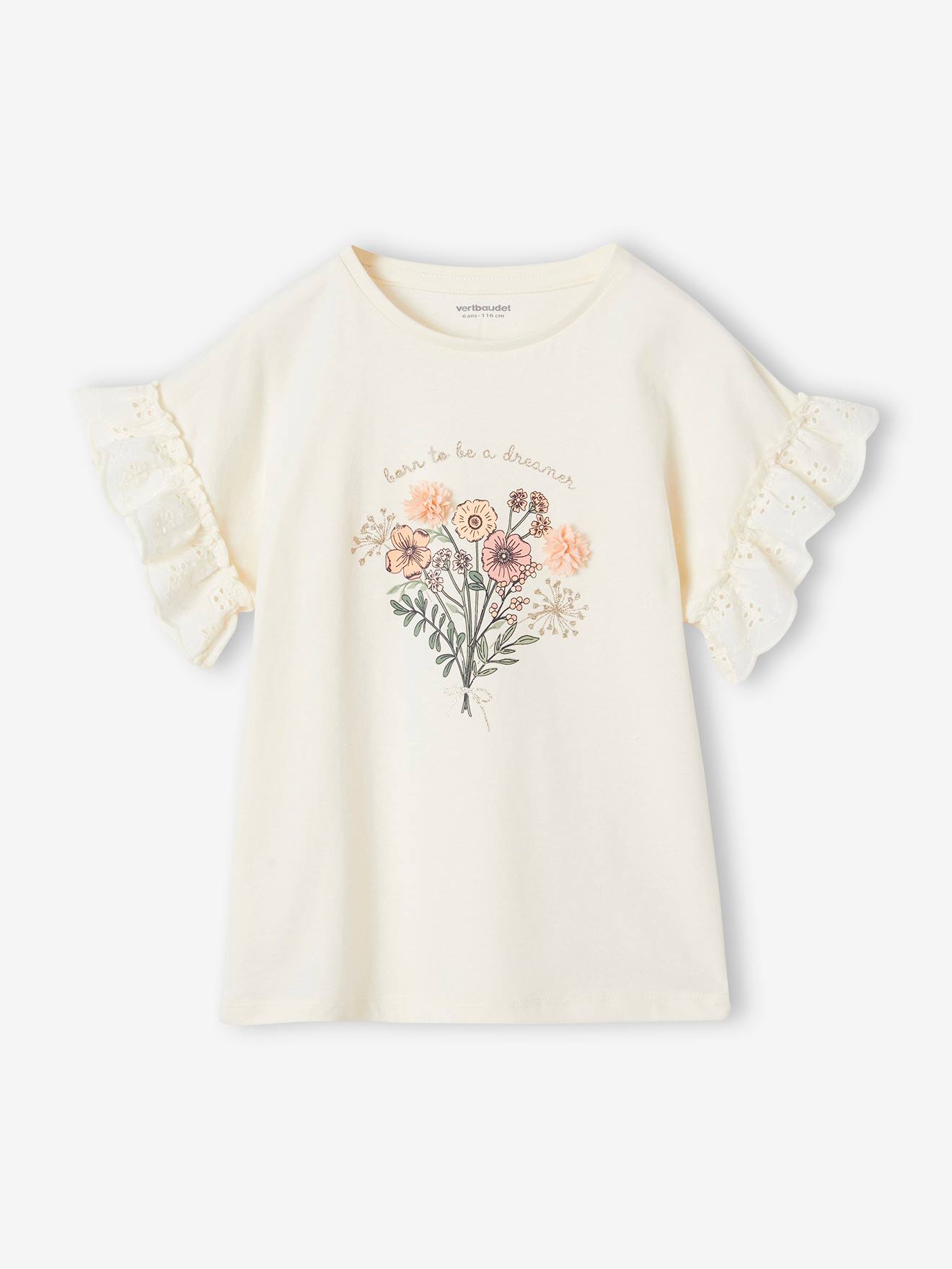 T-Shirt with Bouquet in Relief & Embroidered Sleeves for Girls vanilla