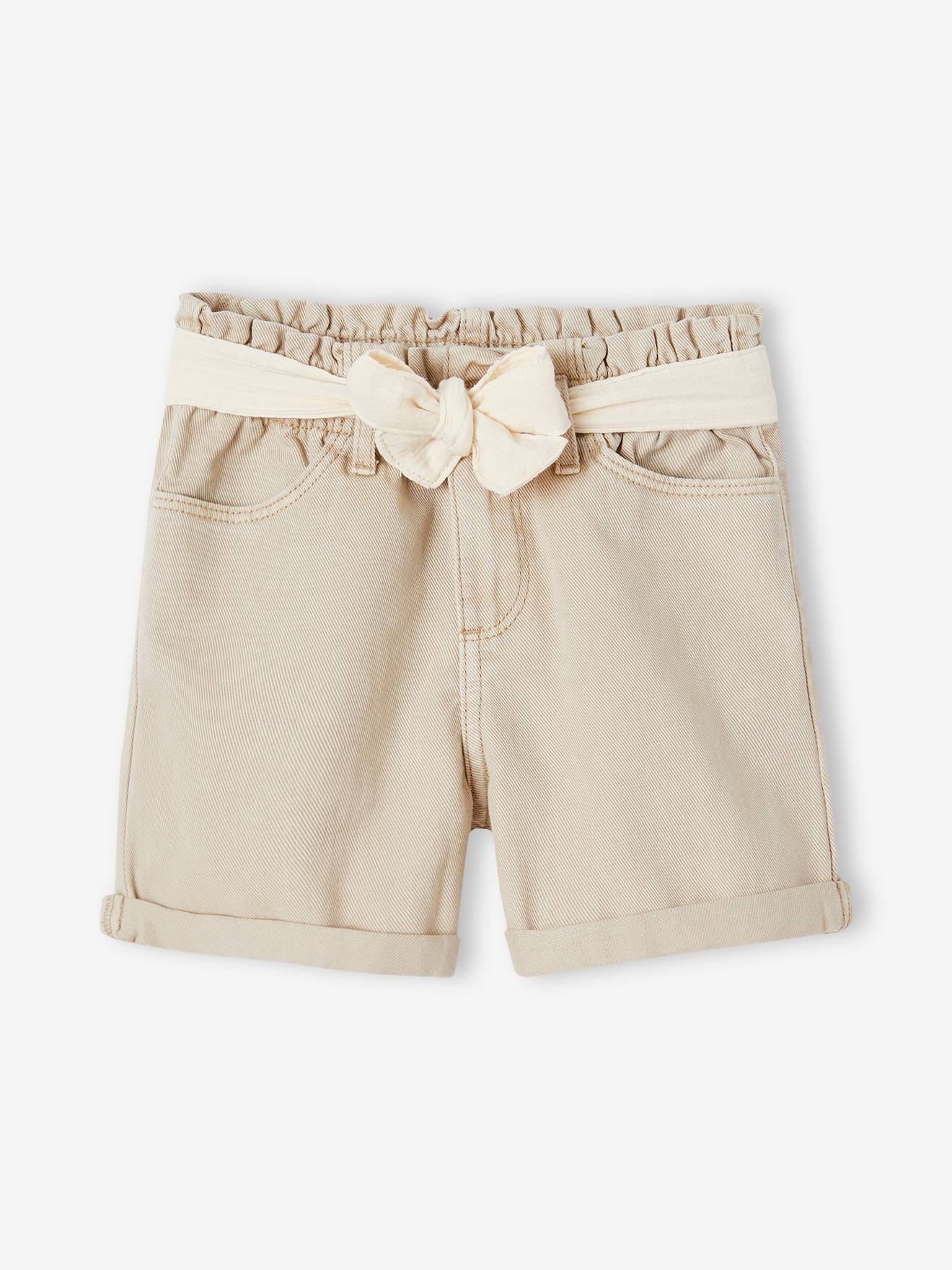 Paperbag Shorts in Cotton Gauze, with Belt, for Girls sandy beige