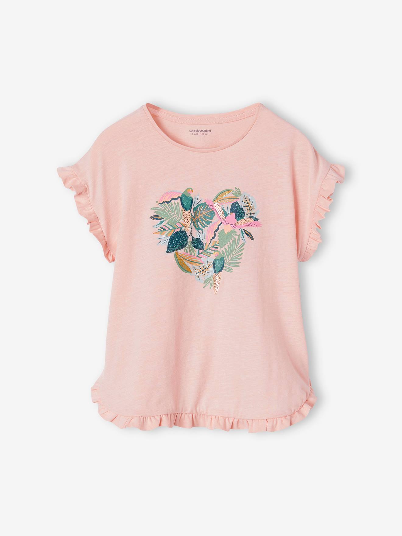 T-Shirt with Ruffle & Sequins for Girls pale pink