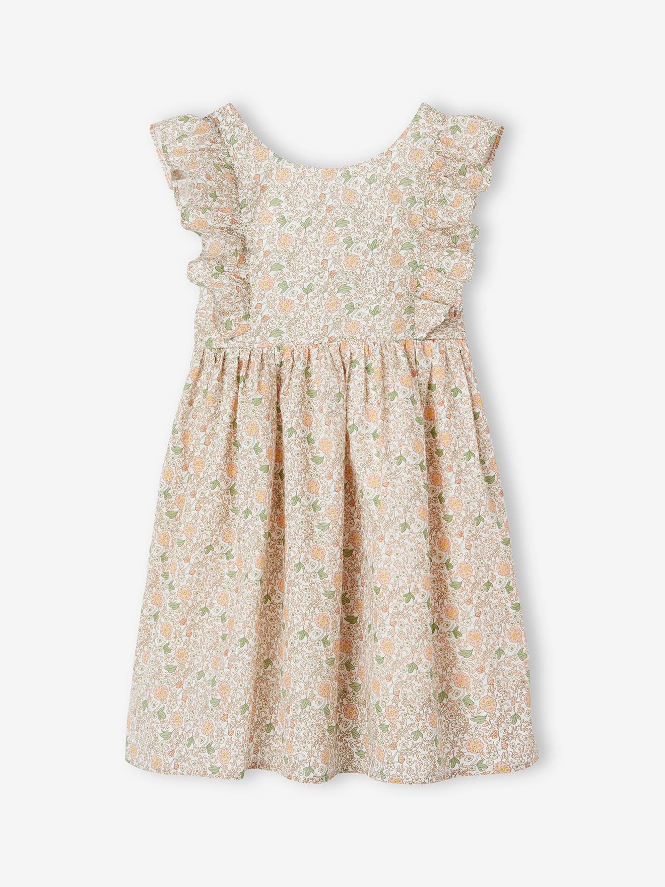 Frilly Occasion Wear Dress with Flower Motifs for Girls vanilla