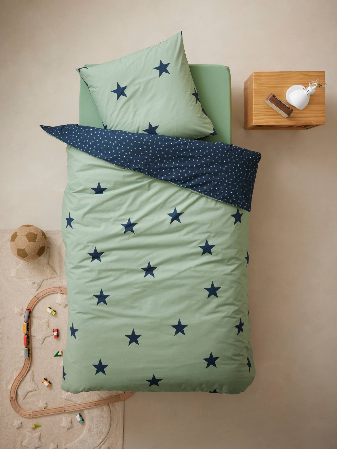Children’s Duvet Cover + Pillowcase Set, DREAM BIG, basics green/print