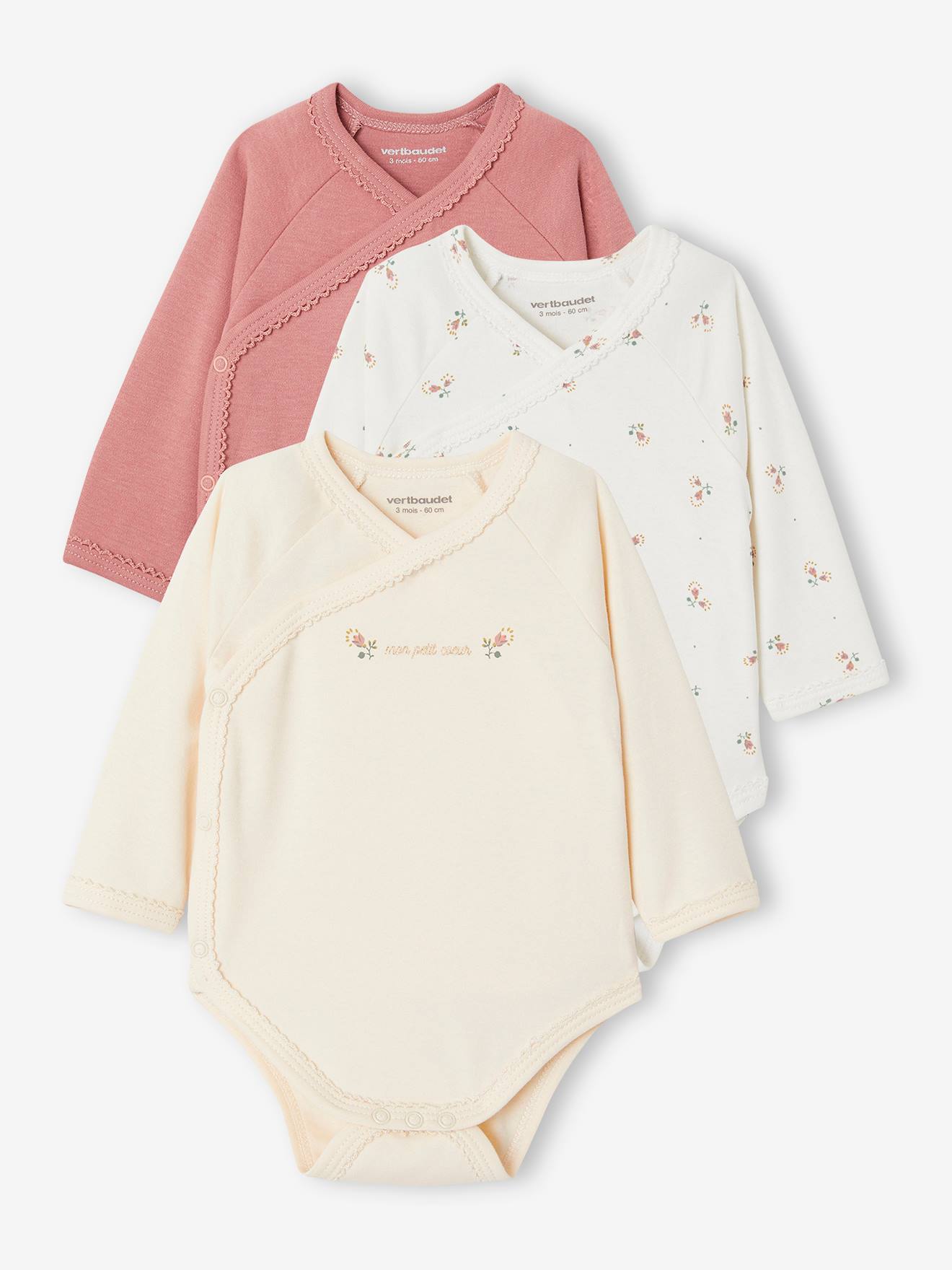 Pack of 3 Assorted "Joli Coeur" Bodysuits in Organic Cotton for Newborns old rose