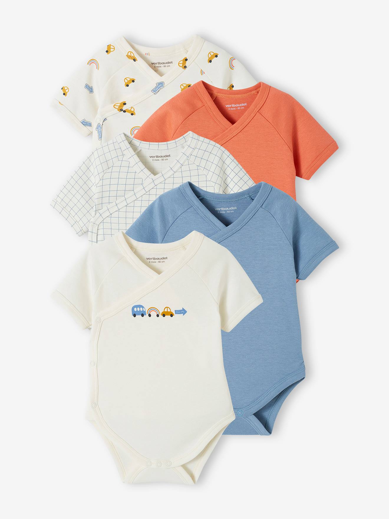 Pack of 5 "Cars" Bodysuits in Organic Cotton for Newborns sky blue