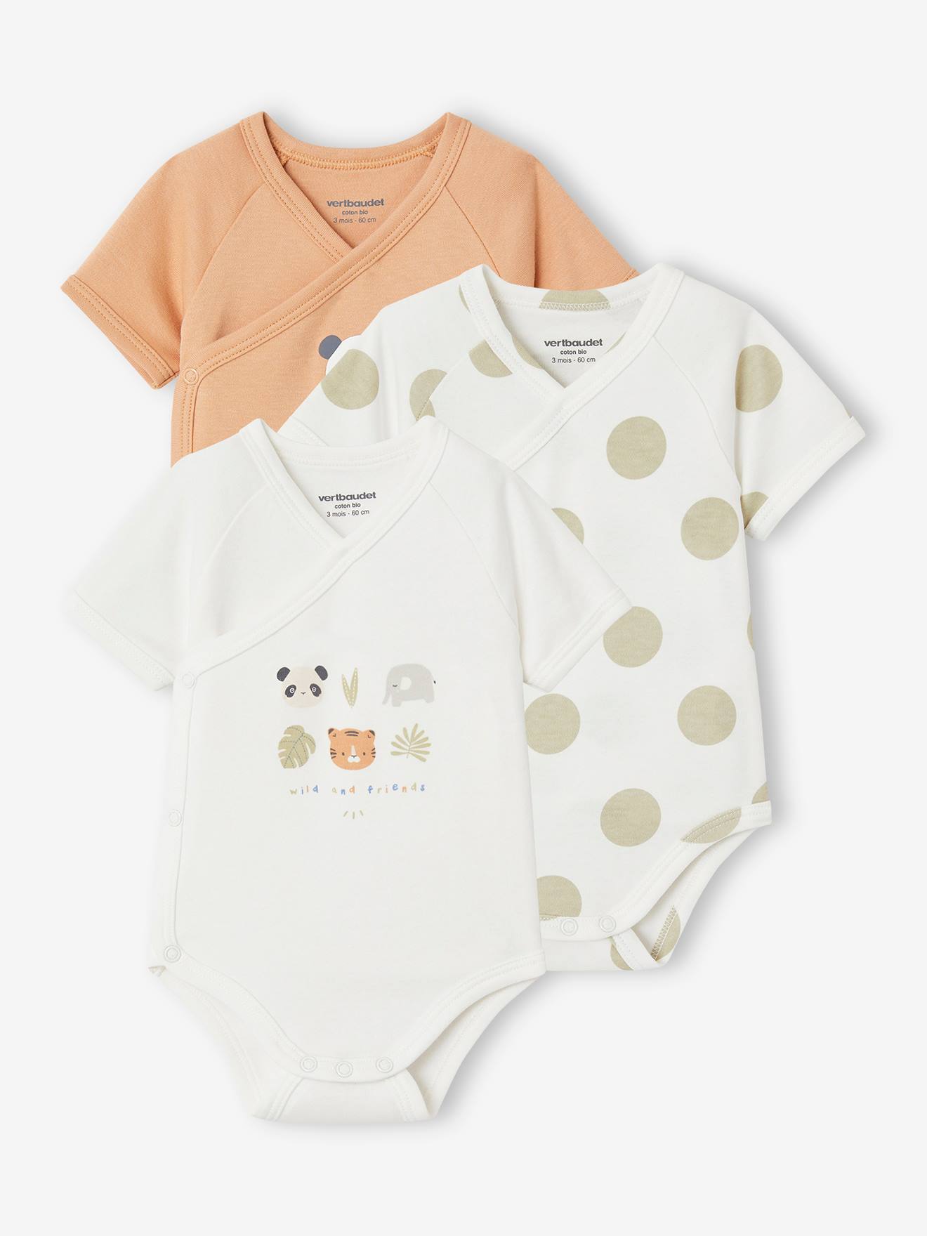 Set of 3 Bodysuits in Organic Cotton, for Newborn Babies peach