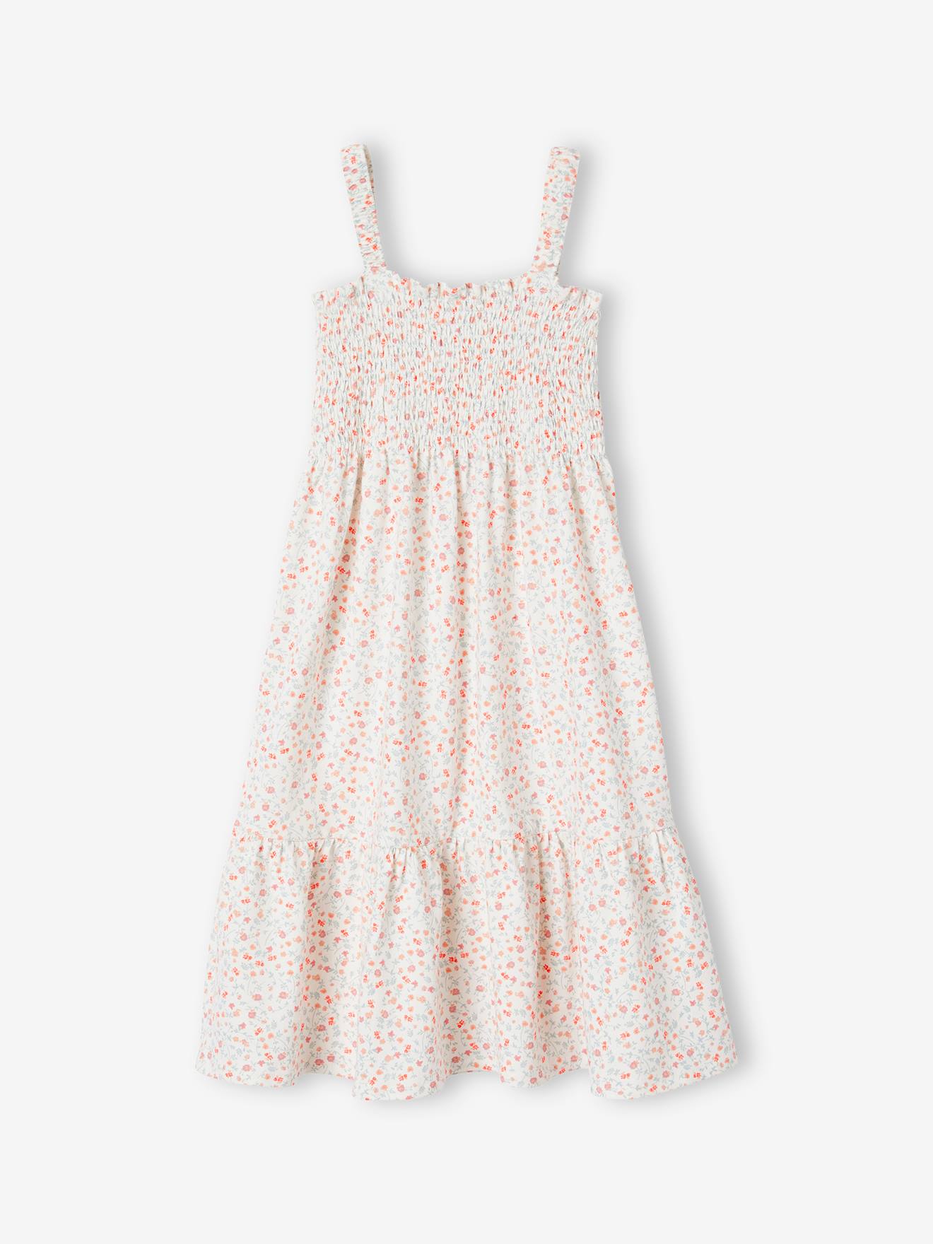 Smocked Strappy Dress, for Girls printed white