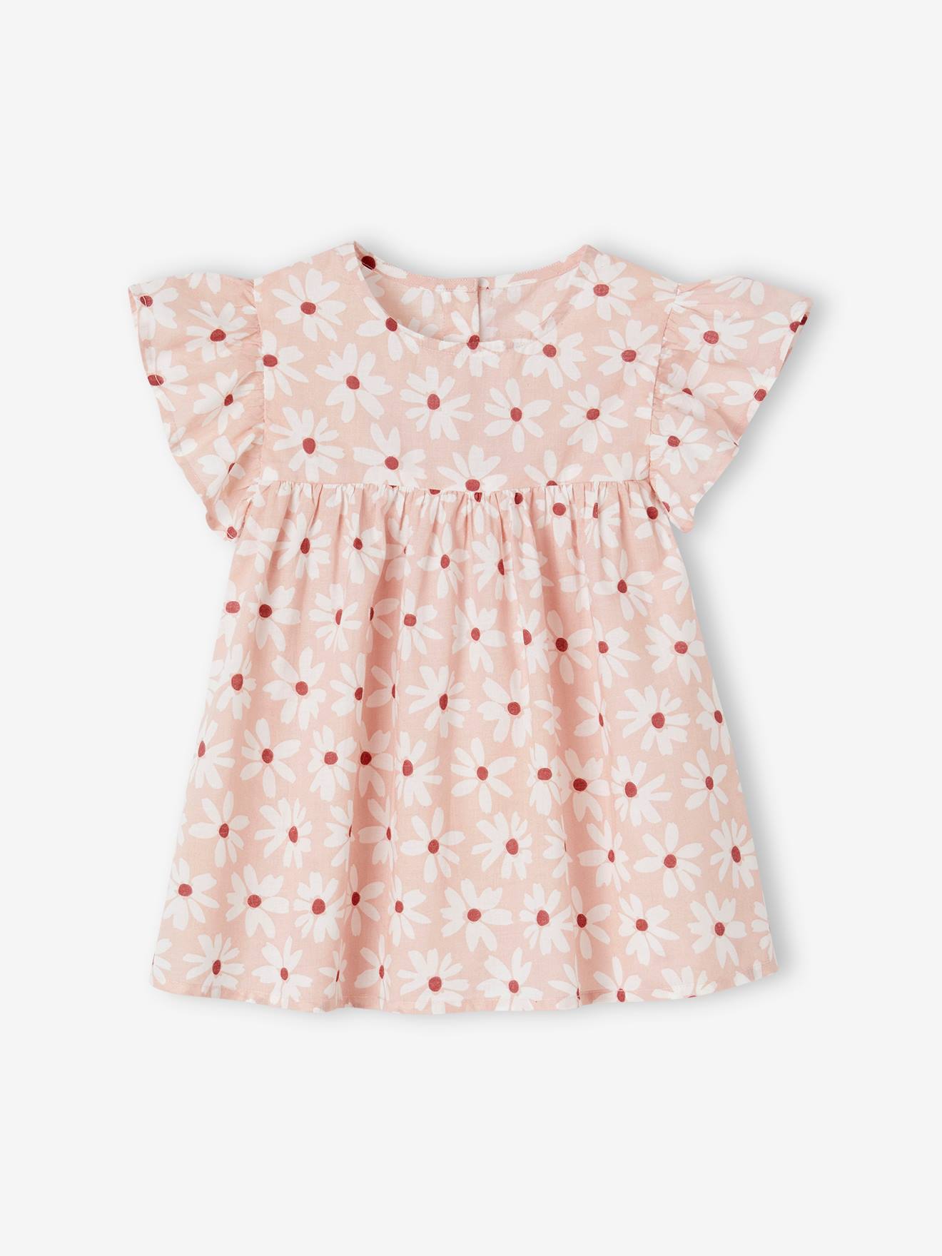 Blouse with Flower Motifs & Short Ruffled Sleeves