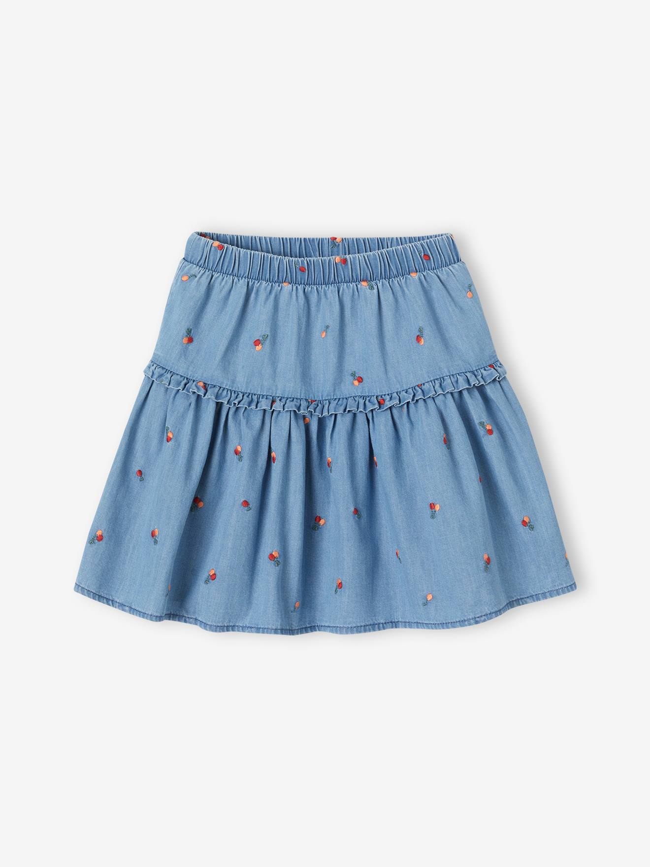 Light Denim Skirt with Embroidered Cherries