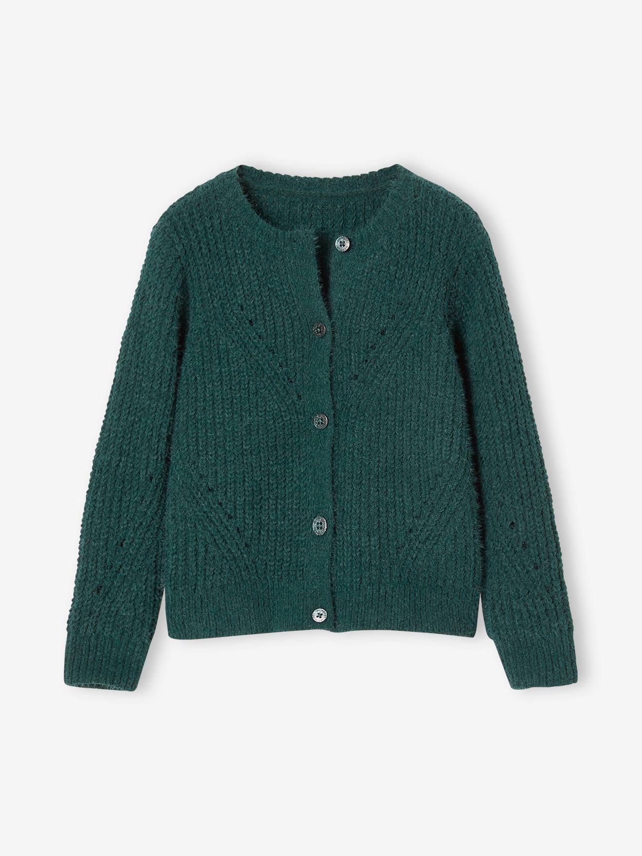 Cardigan in Openwork Chenille Knit for Girls green