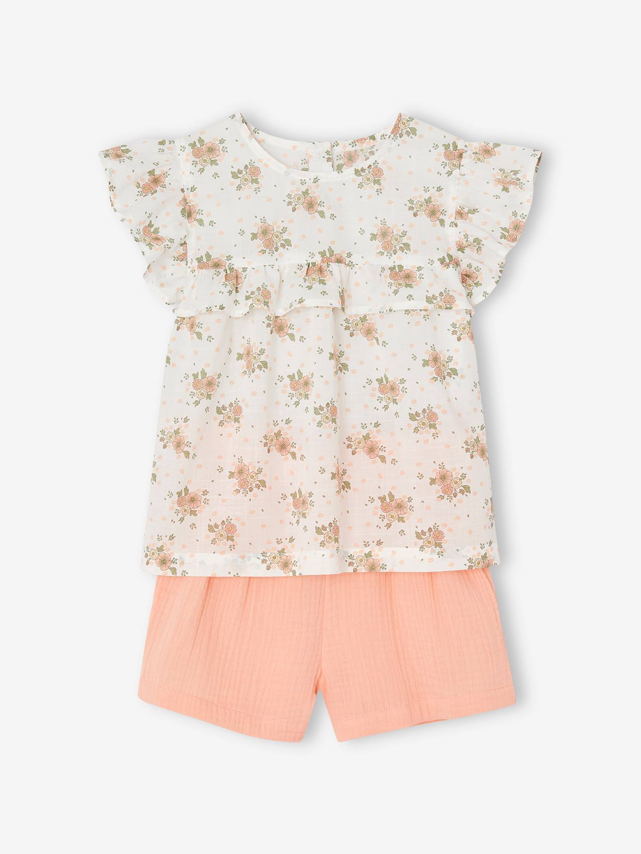 Occasion Wear Outfit: Blouse with Ruffles & Shorts in Cotton Gauze, for Girls printed pink