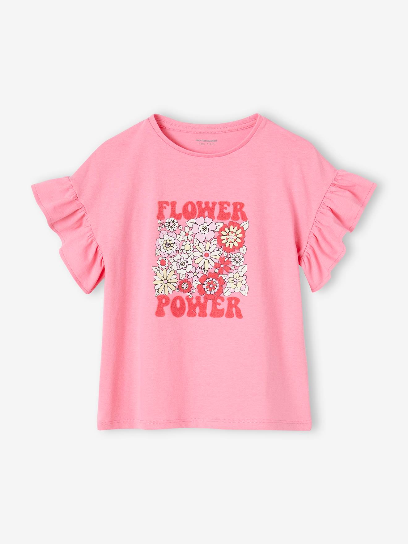 T-Shirt with Ruffled Sleeves, "Flower Power" for Girls sweet pink